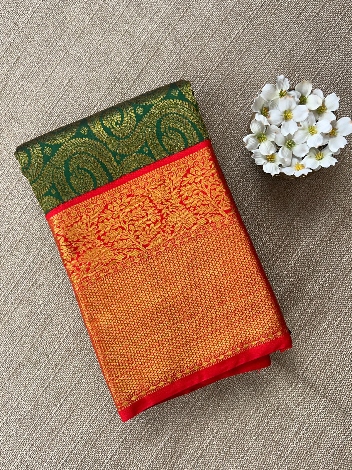 Pure Kanchi Pattu Brocade Saree - Green & Reddish Orange
