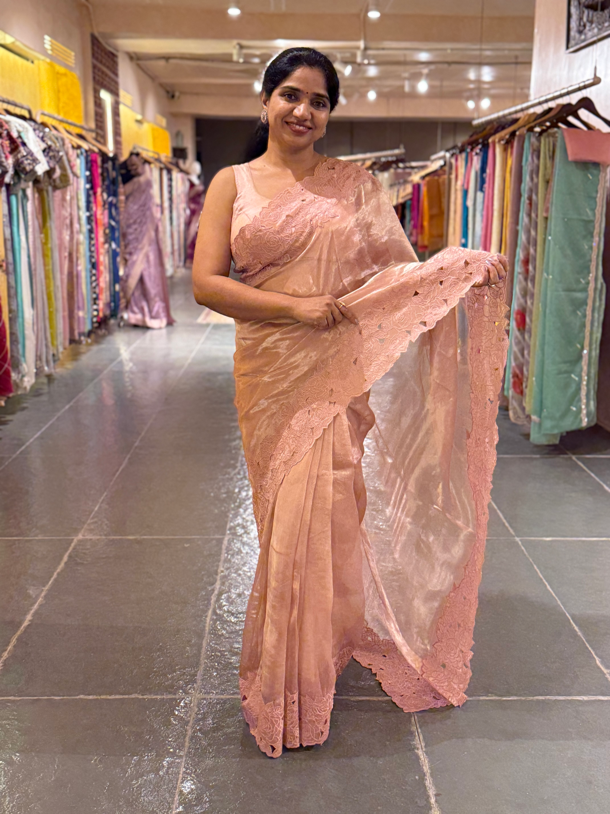 Nude Pink Pure Handloom Tissue Saree With Rose Cutwork Borders