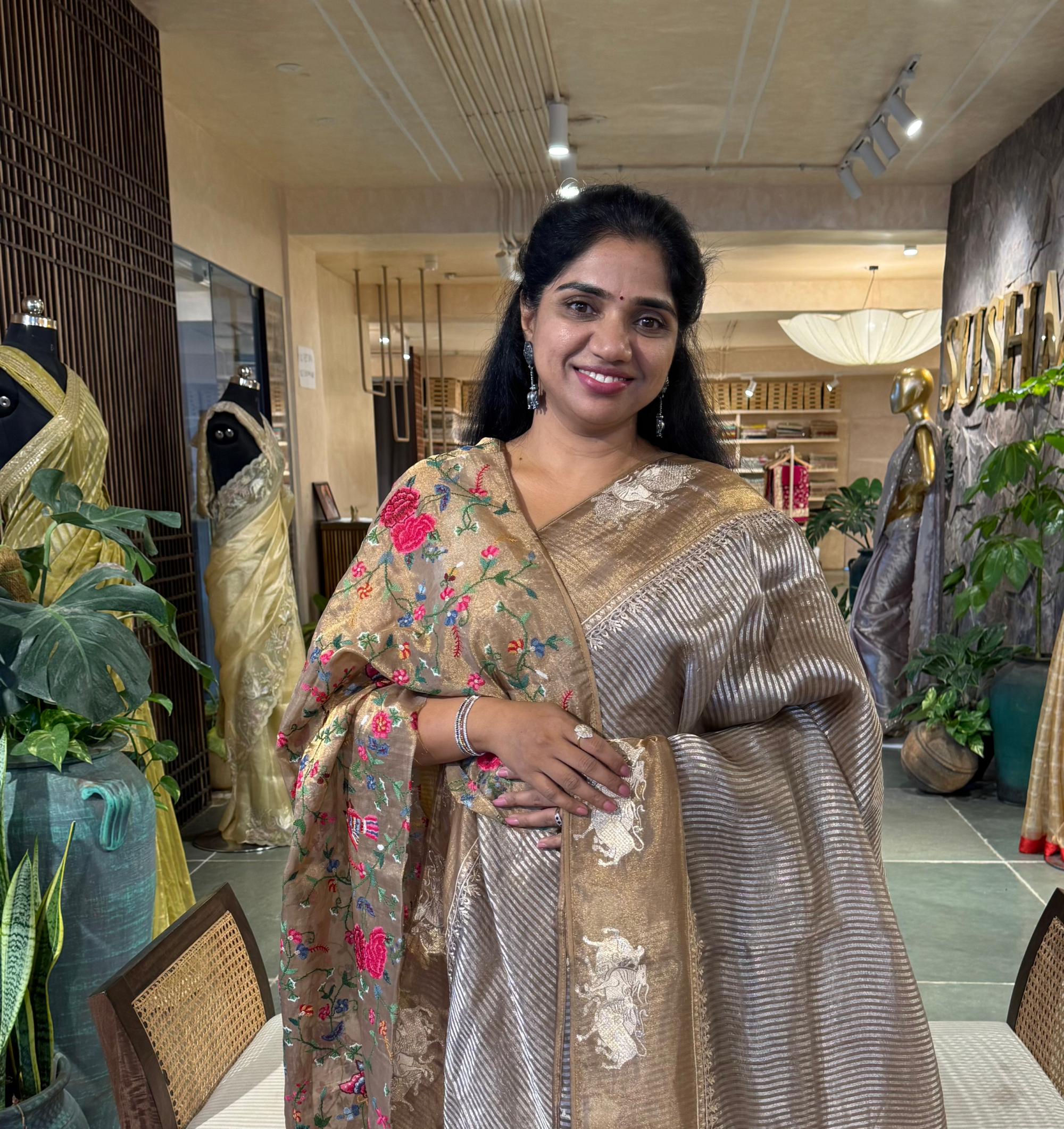 Earthy Tone Tissue Stripes Saree with Nandi Border & Tissue Petite Point Blouse