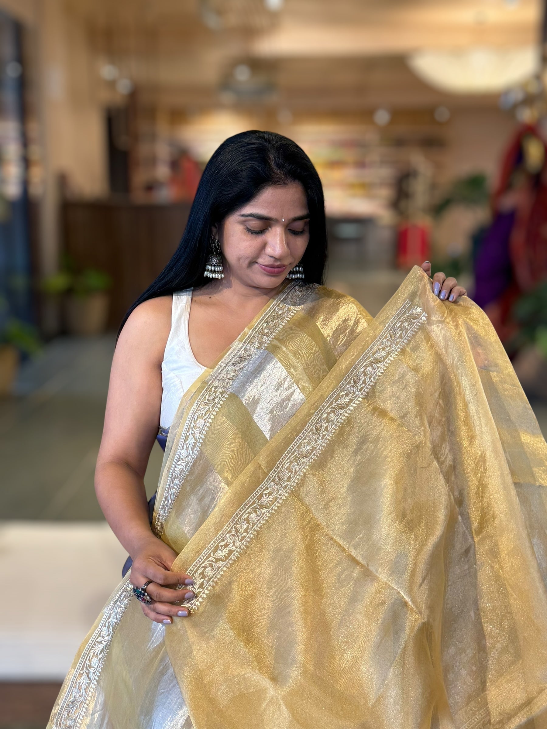 Yellowish GreenTissue Stripes Saree With Jamdani  & Pichwai embroidered Border