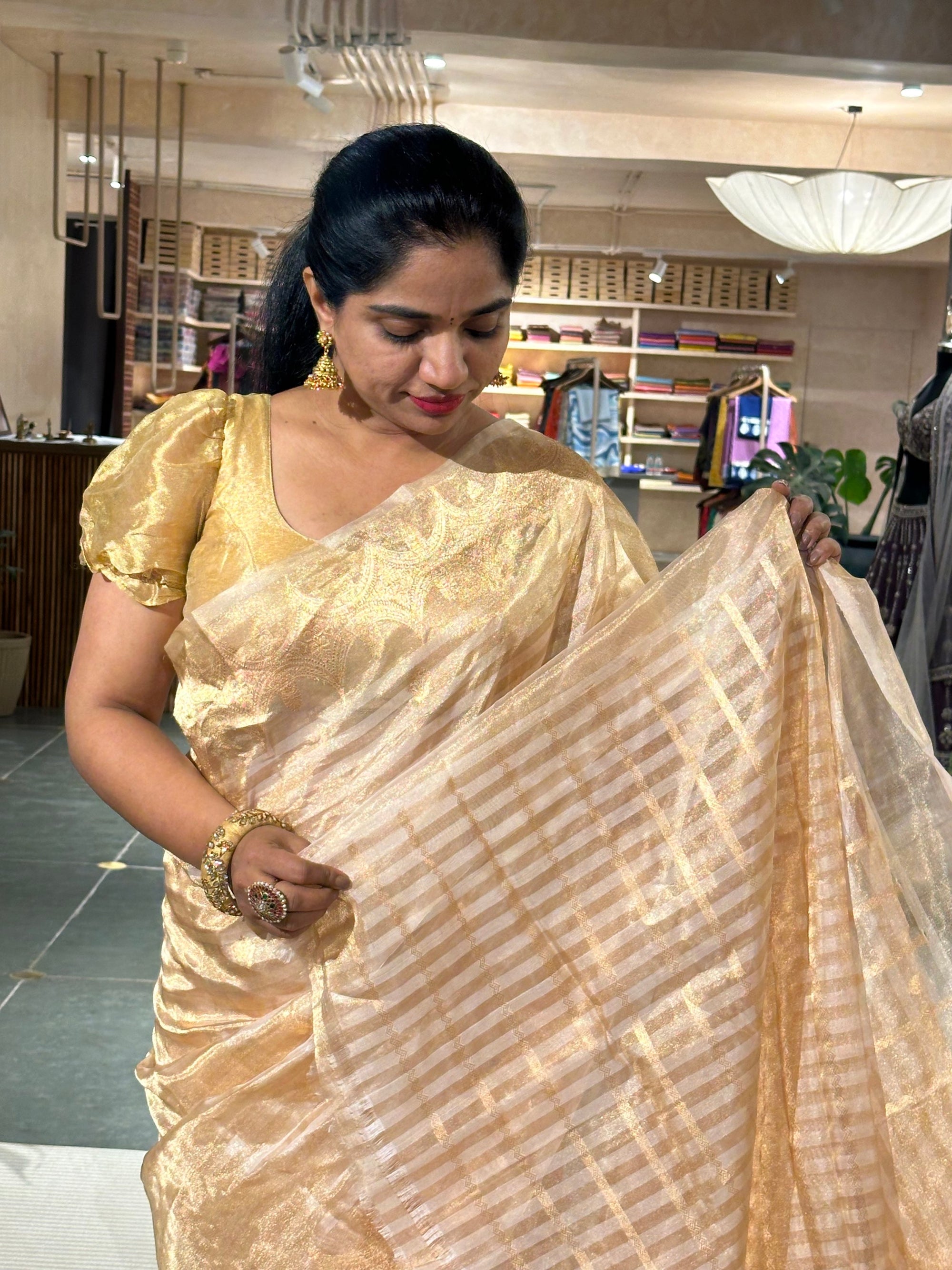 Beige Gild Banarasi Tissue Saree with Kaduwa woven motifs
