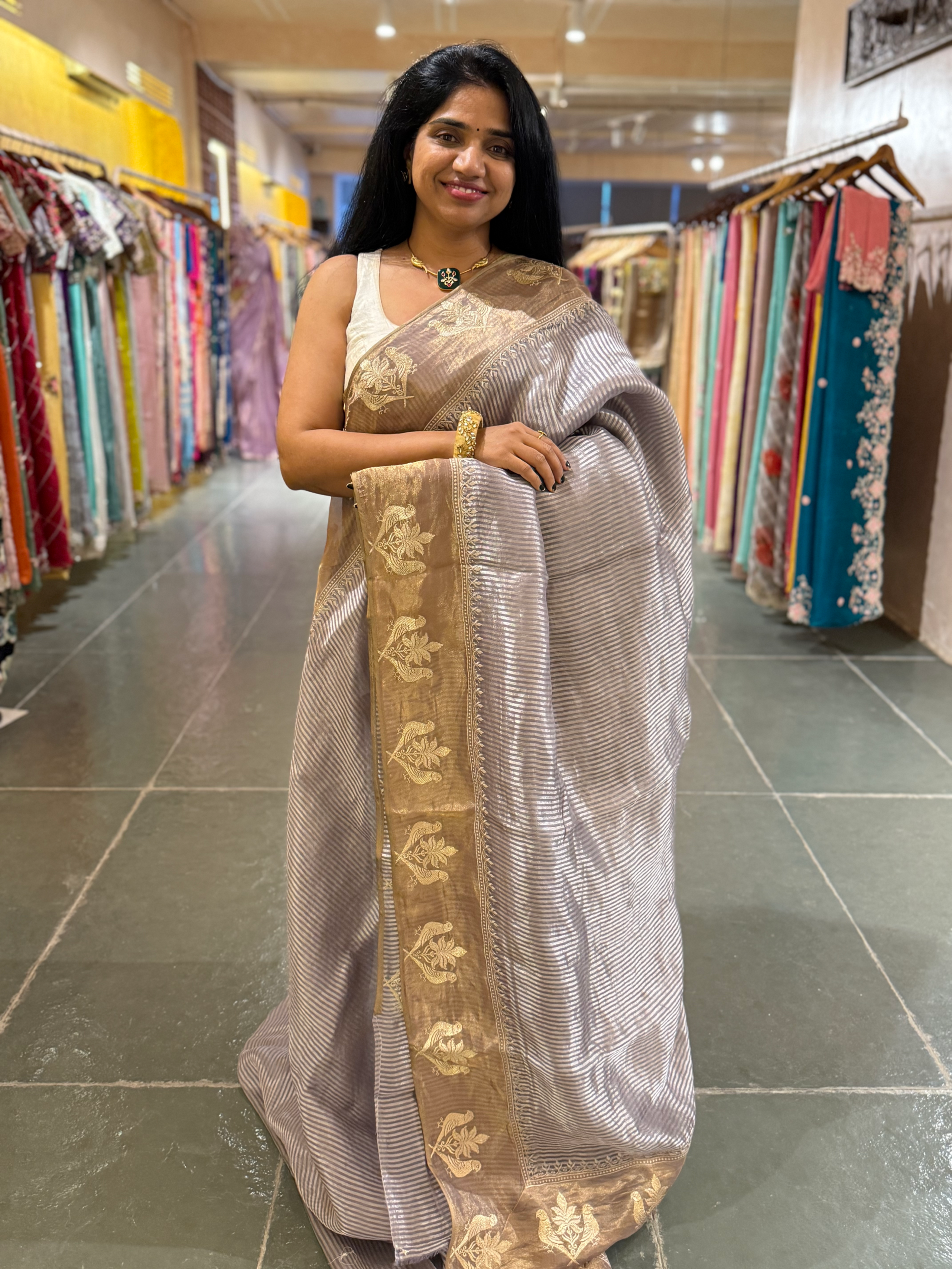 Dusty Purple Kora Tissue stripes saree wth tissue Embroidered Border