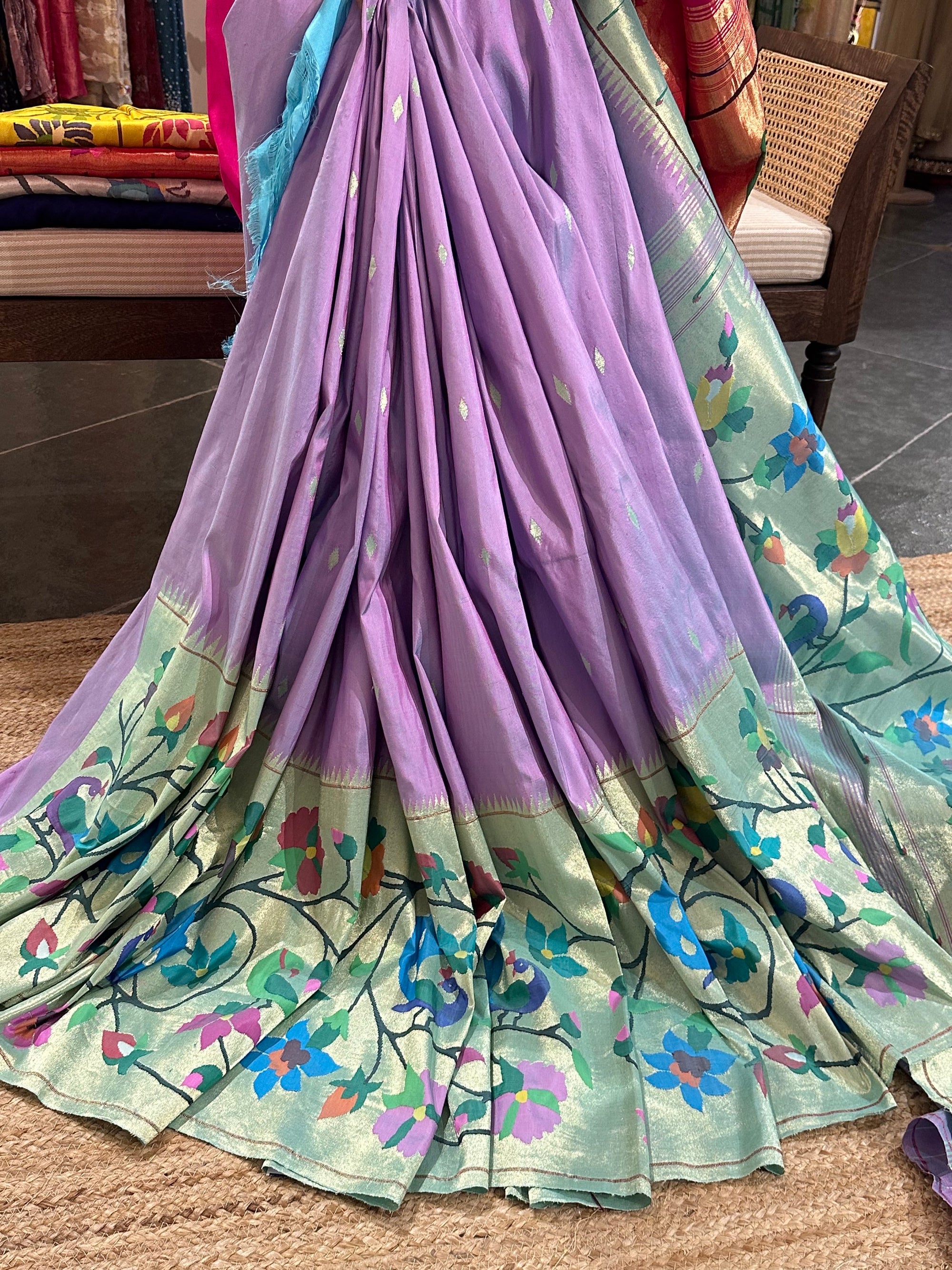 Lilac and Seablue Combo Half allover Pure Handloom Paithani Saree