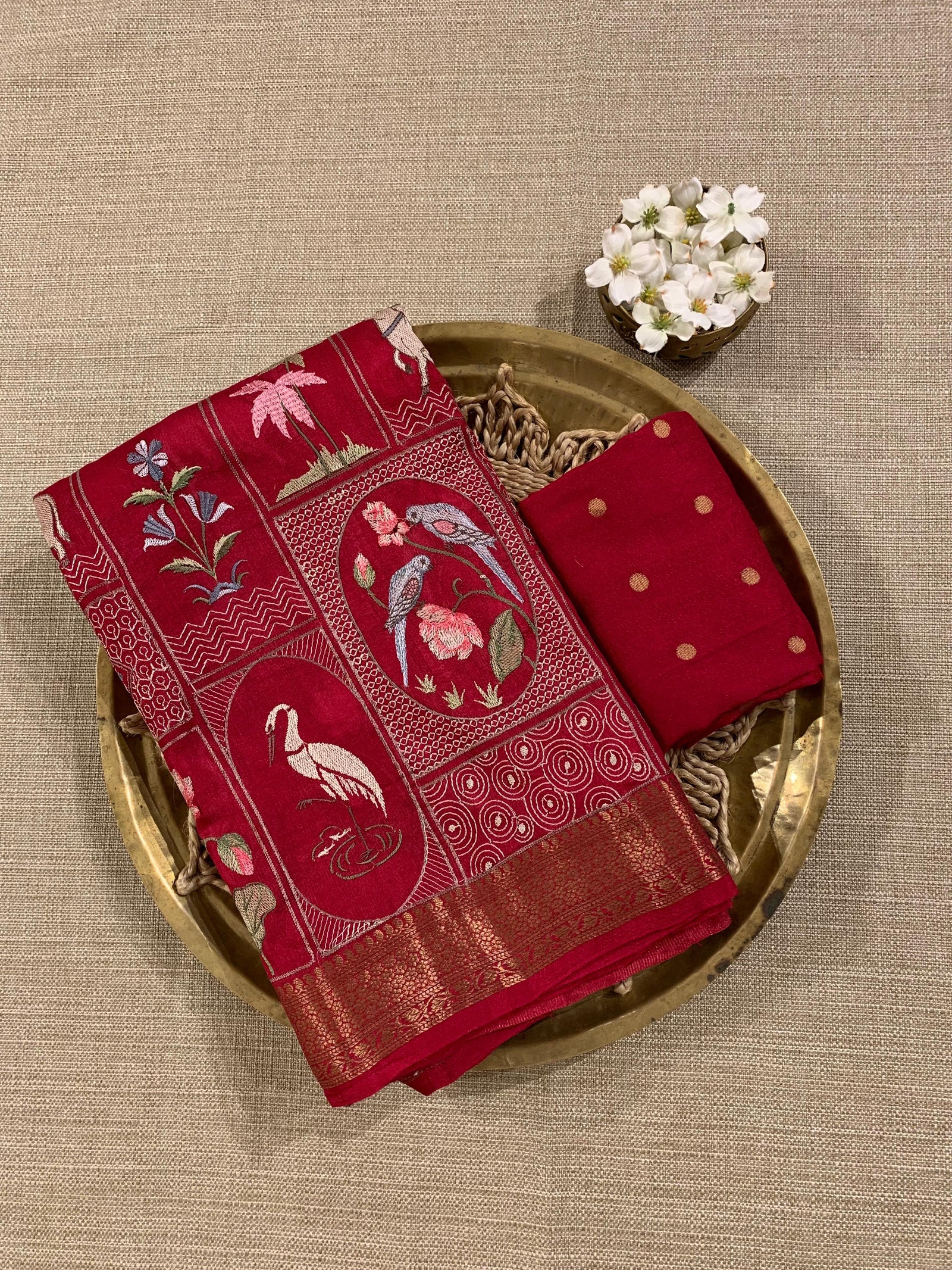 SMSEA108  Ruby Pink Pure Handloom Munga Silk Saree with Pichwai Embroidery