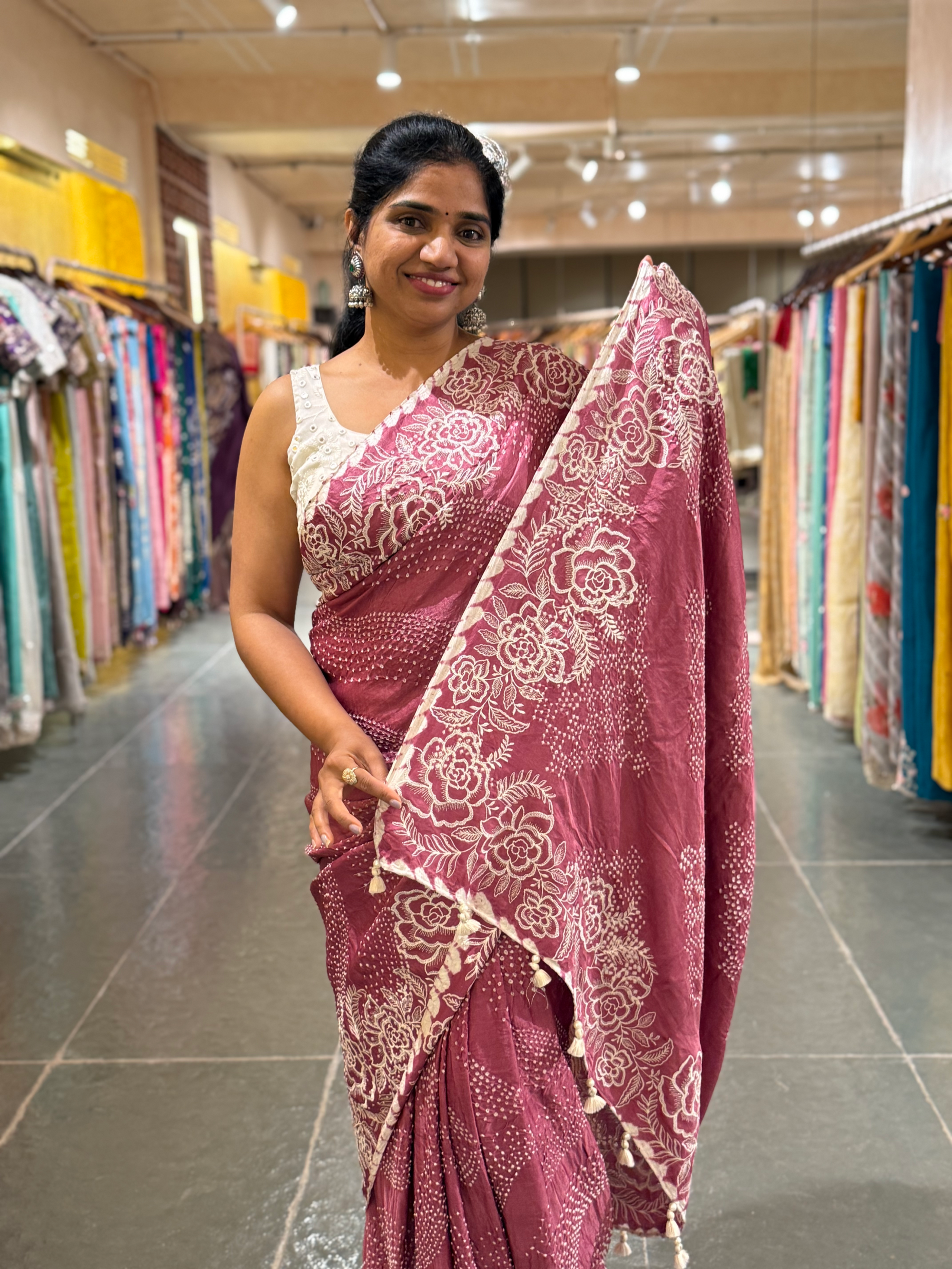 Dark Onion Pink Pure Gajji Silk Rai Bandhej Saree with Outline Embroidery