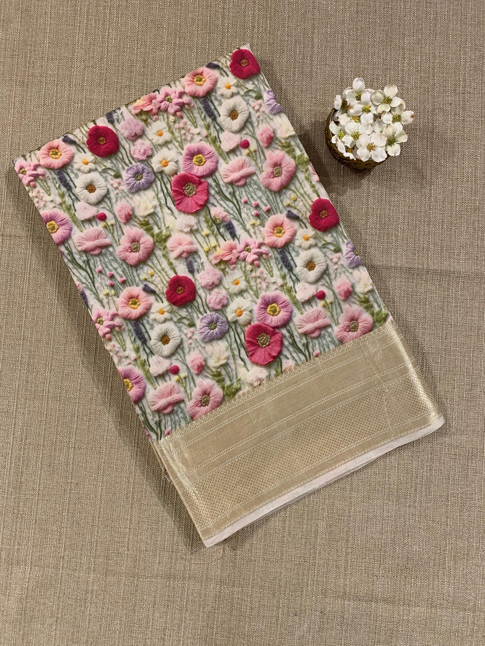 Banarasi Chiniya Silk Sarees with beautiful embroidery style 3D floral Print