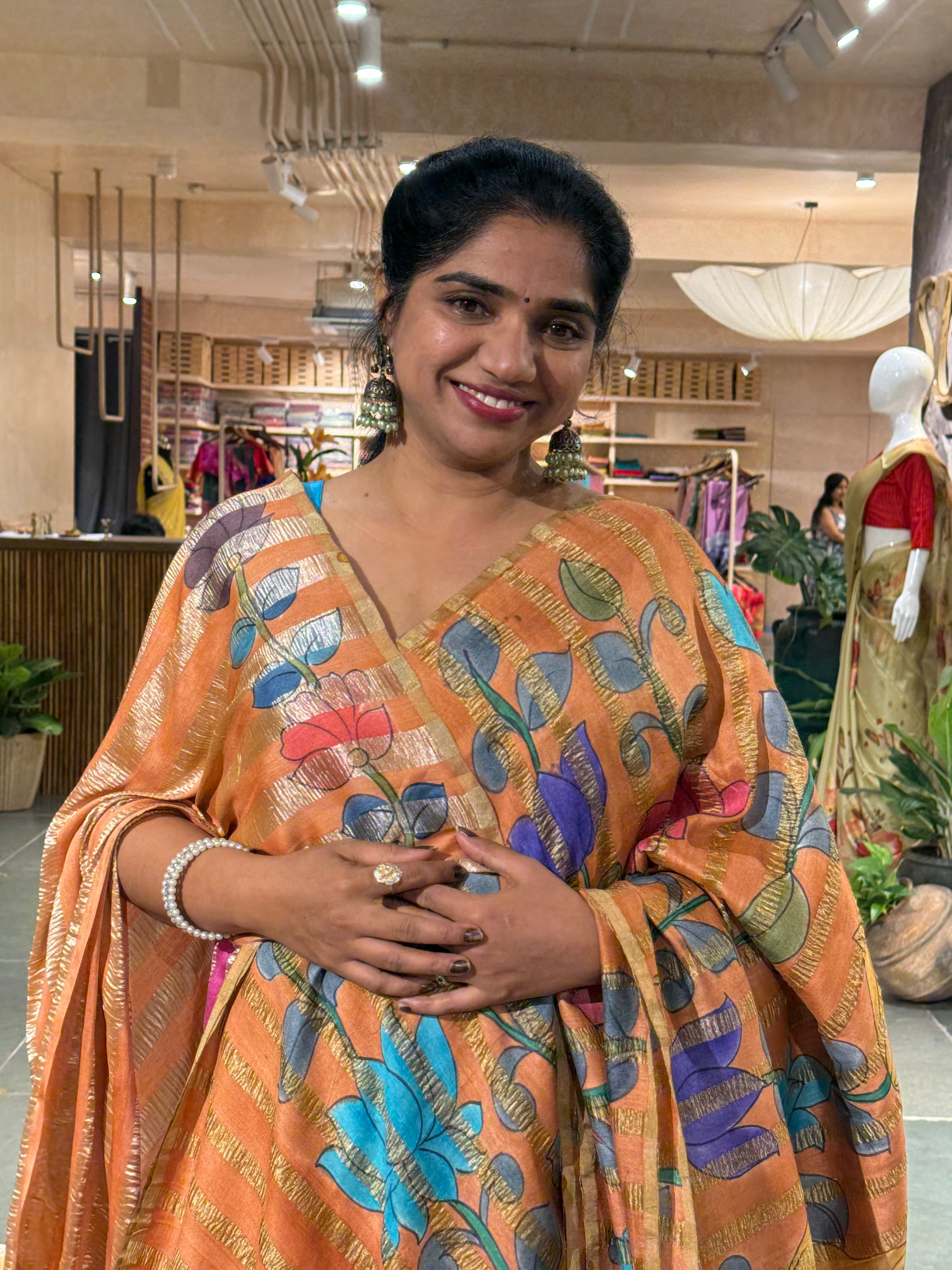 SMTKM174 Pure Handloom Munga Silk Wth Tissue Stripes & Penkalamkari Handpainting