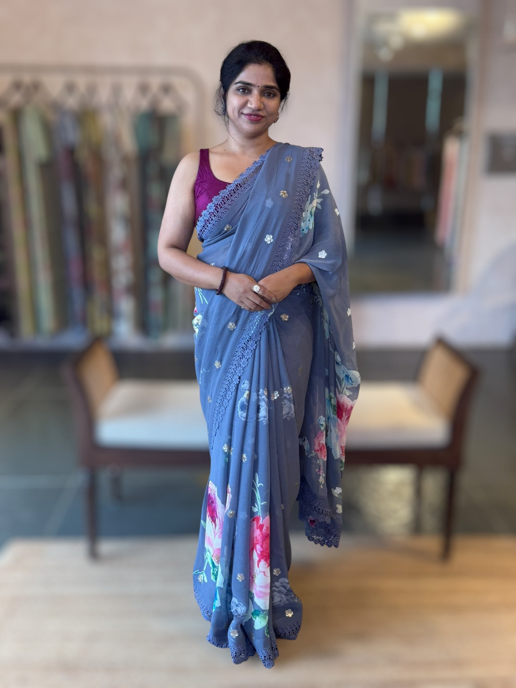 Greyish Blue Floral Gorgette Saree with Allover Sequence Floral