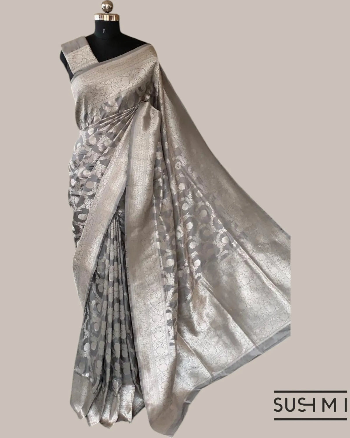 Silverish Grey Banarasi Katan Silk Saree with Allover Floral Jaal Weaving Blouse