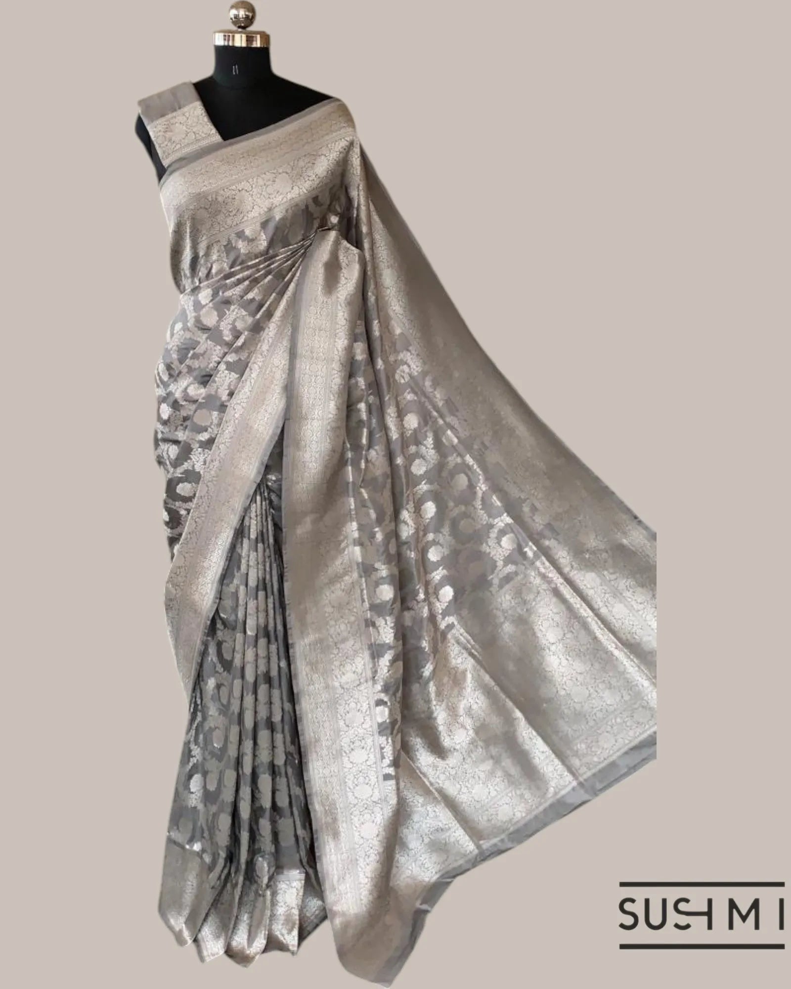 Silverish Grey Banarasi Katan Silk Saree with Allover Floral Jaal Weaving Blouse