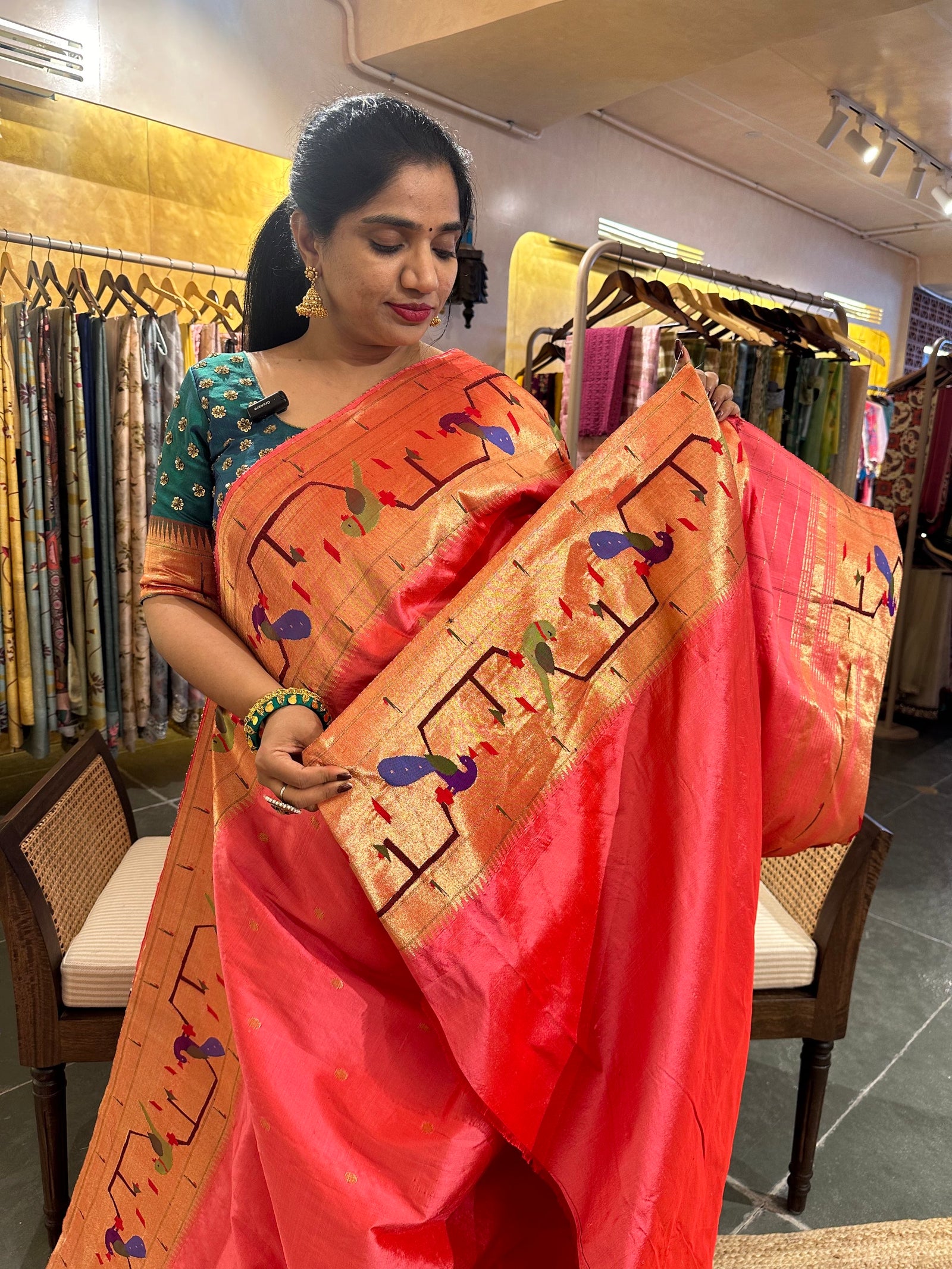 Carrot Color pure handloom paithani with parrot peacock border
