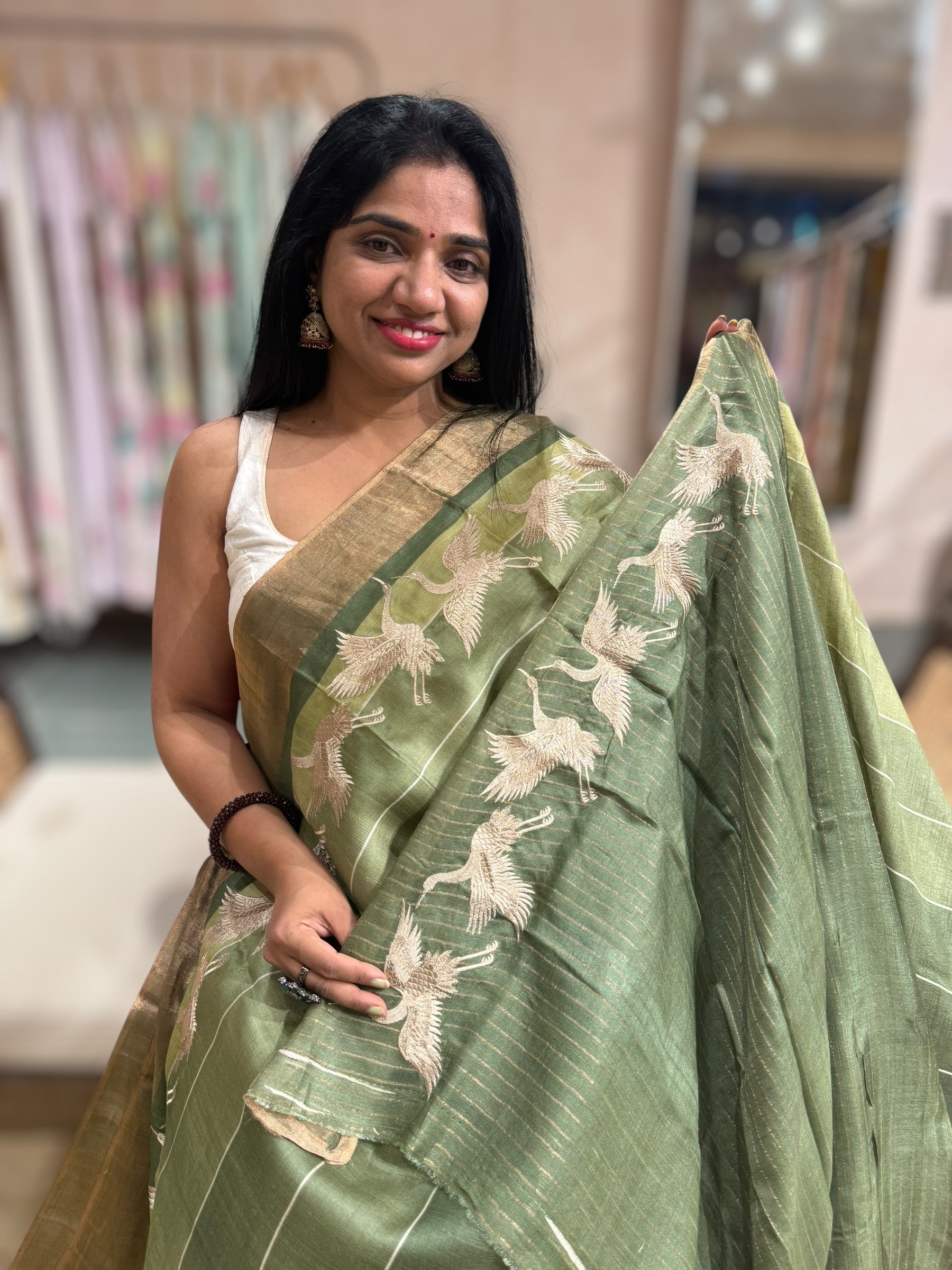 Tussar Rangkaat Saree With Crane Embroidered Border