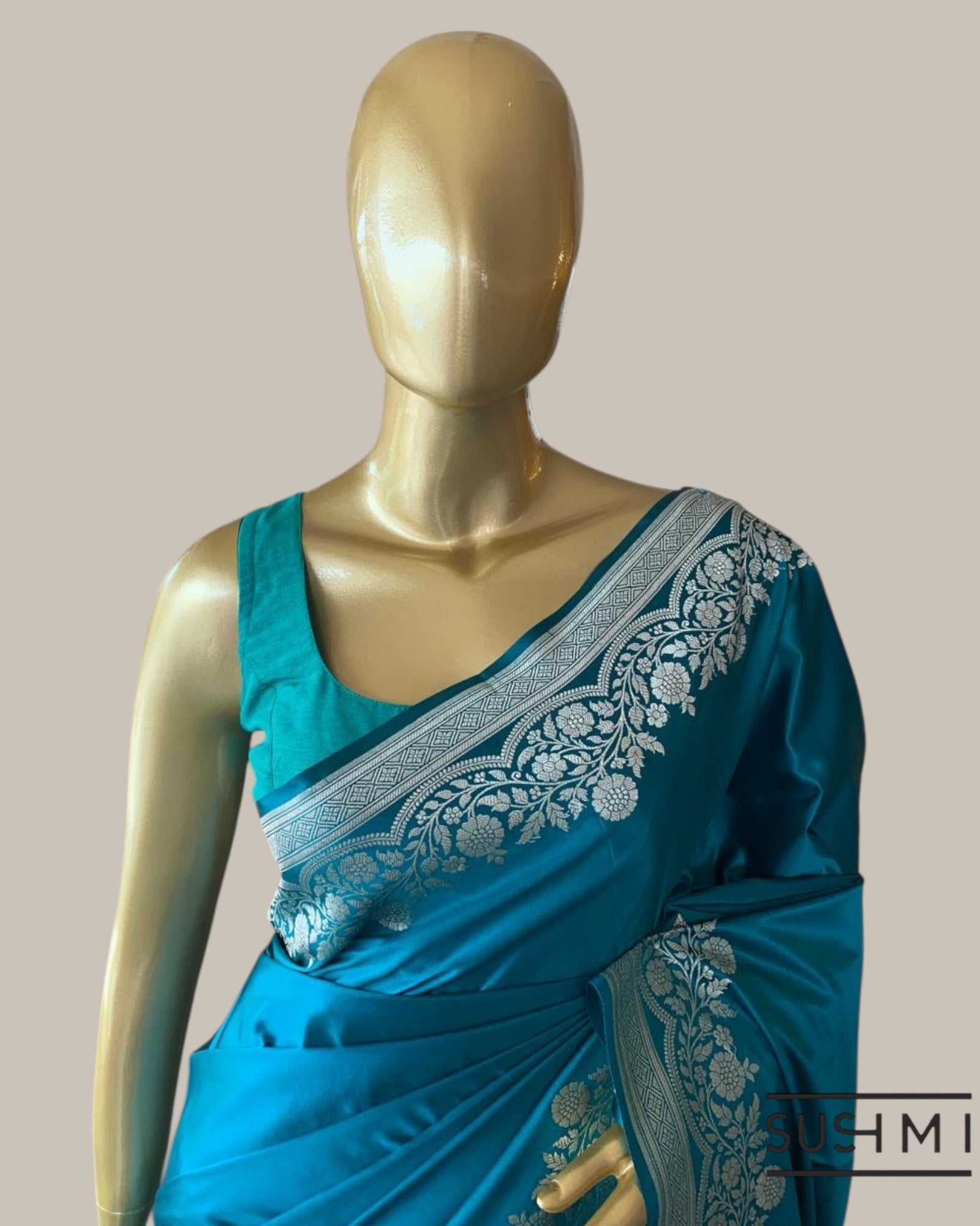 Peacock Blue Mashru Silk Saree With Staright and  Scalloped Border