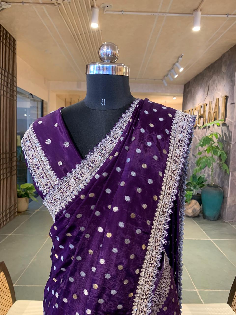 Purple Satin Gorgette Saree with Handwork border & blouse and allover zari butis