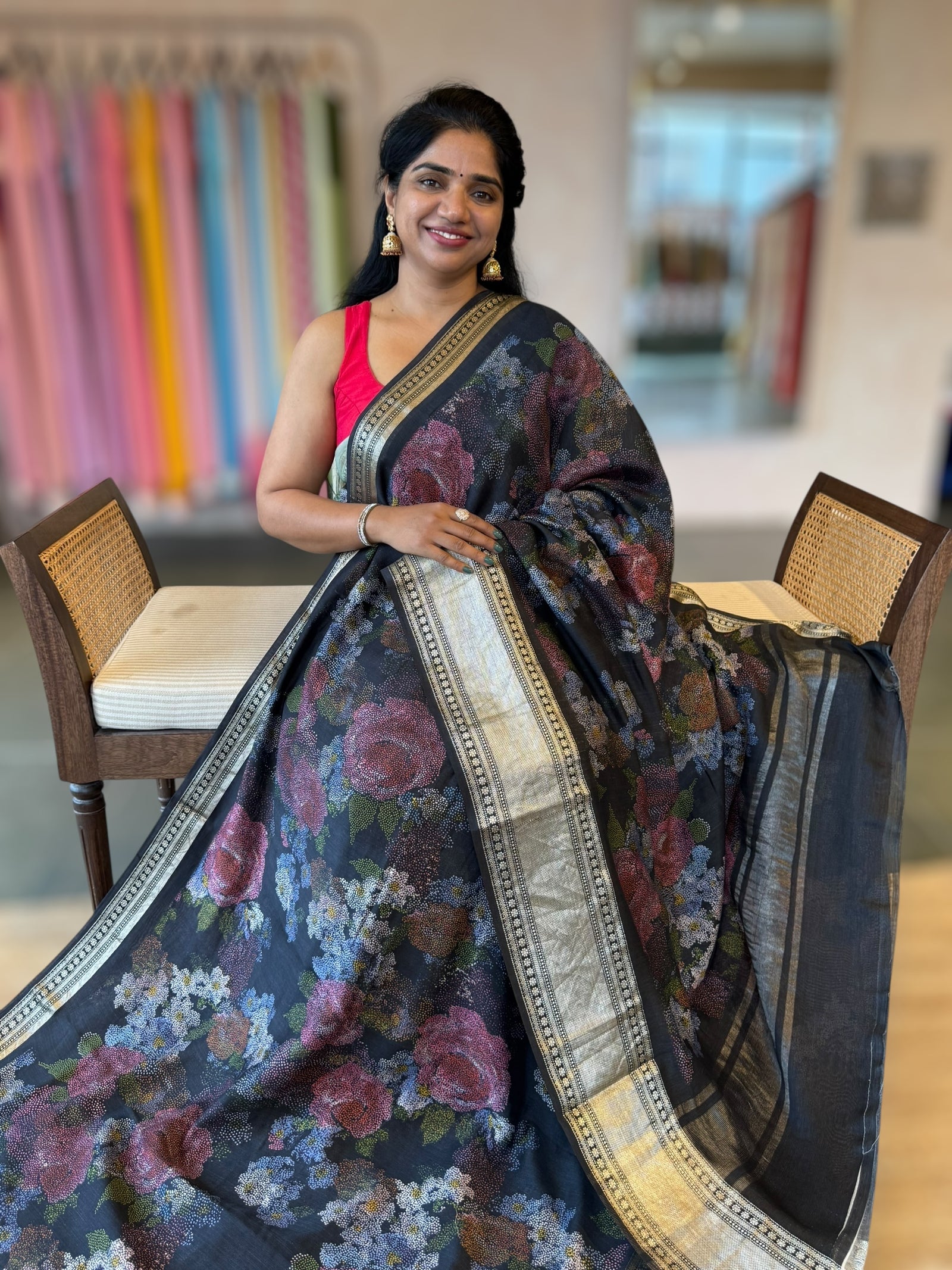 Black Pista Chiniya Silk Saree With Petite Point  Emb Style Print