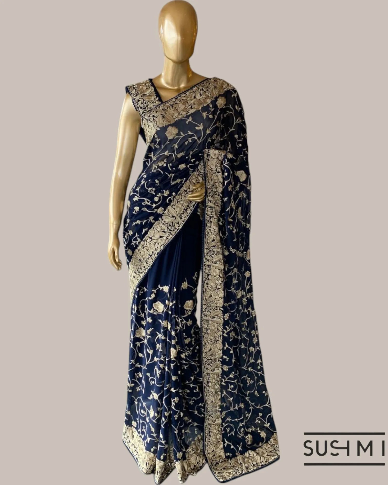 Coffee Brown Pure Gorgette Saree With Parsi Gara Style Allover Embroidery   Orig