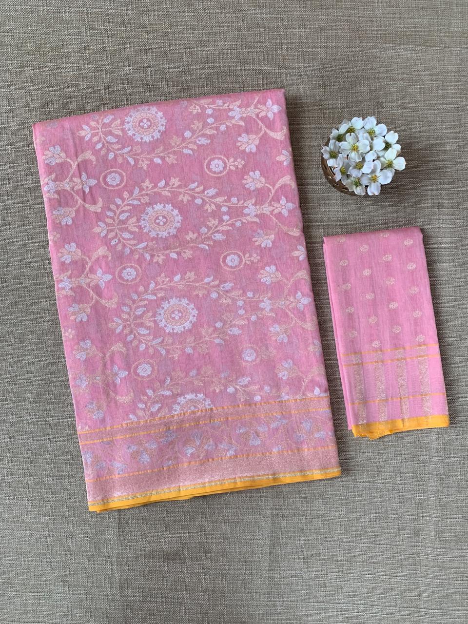 Pastel Pink Banarasi Handloom Cotton  Cut Jamdani Saree With Allover Meenakari