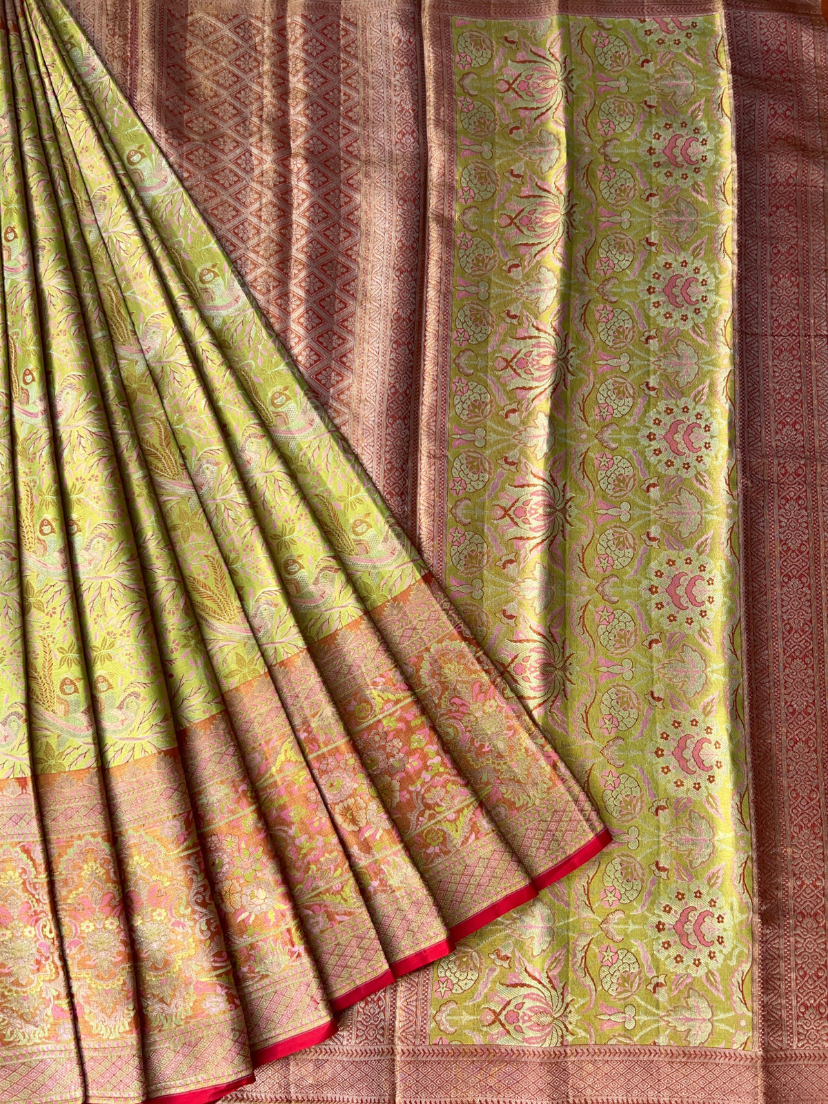 Lime Green & Red Combo Pure Kanjeevaram Meenakari Saree