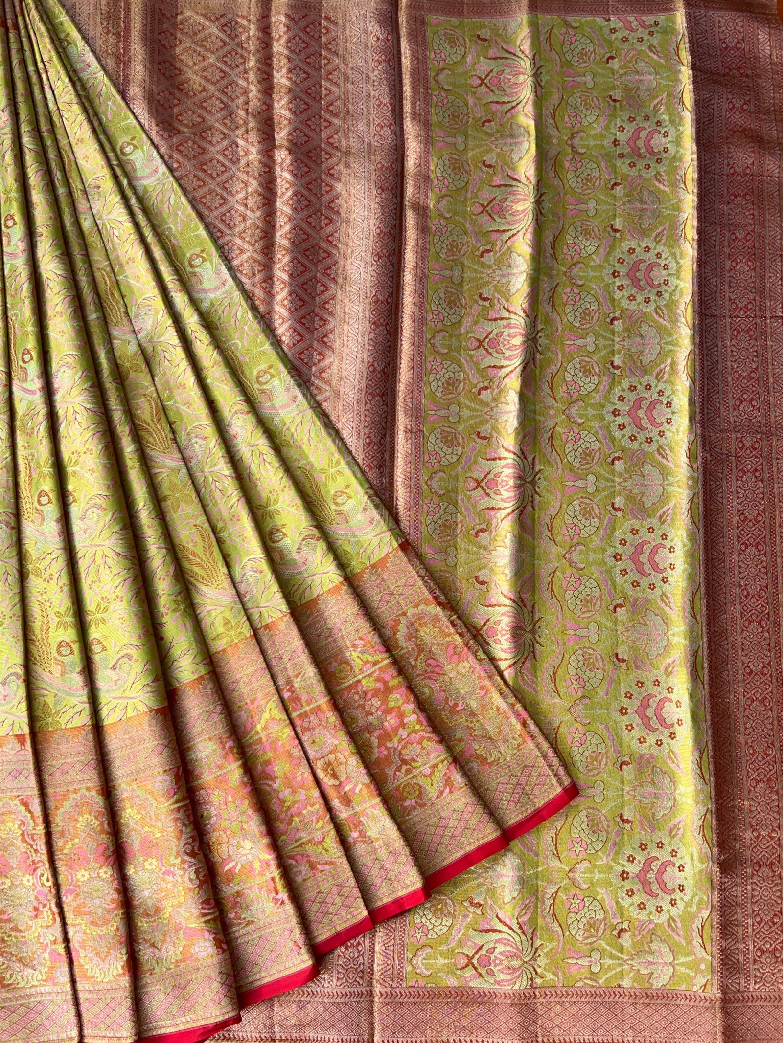 Lime Green & Red Combo Pure Kanjeevaram Meenakari Saree