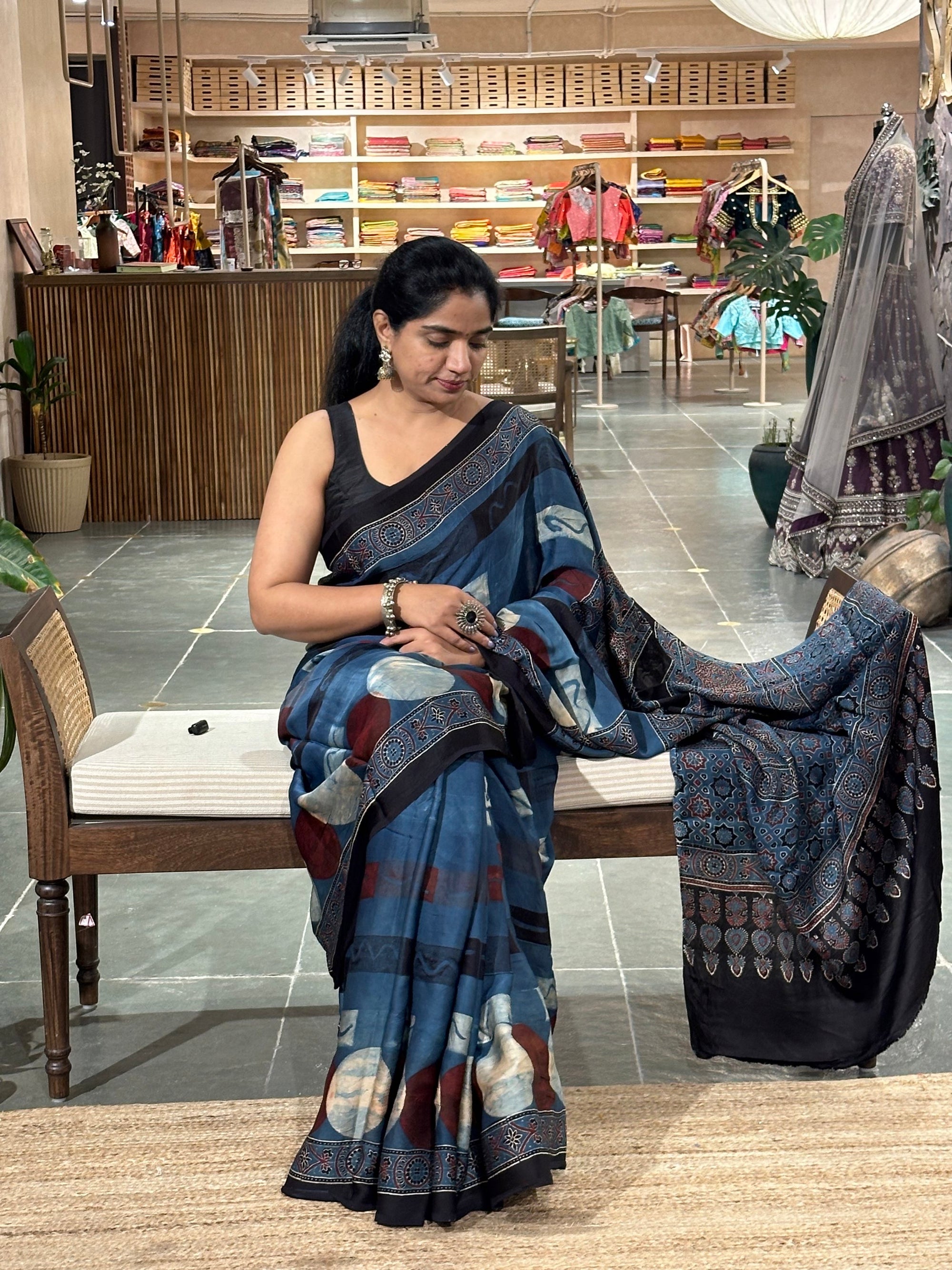 Indigo Ajrakh saree in Pure Modal Satin Silk with beautiful ajrakh pallu &blouse