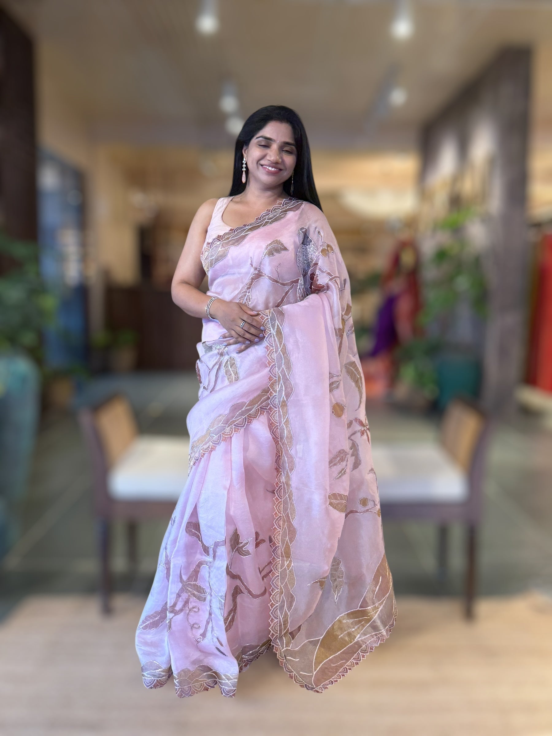 Rose Pink Pure Organza Saree with one of a kind Tissue Applique work allover
