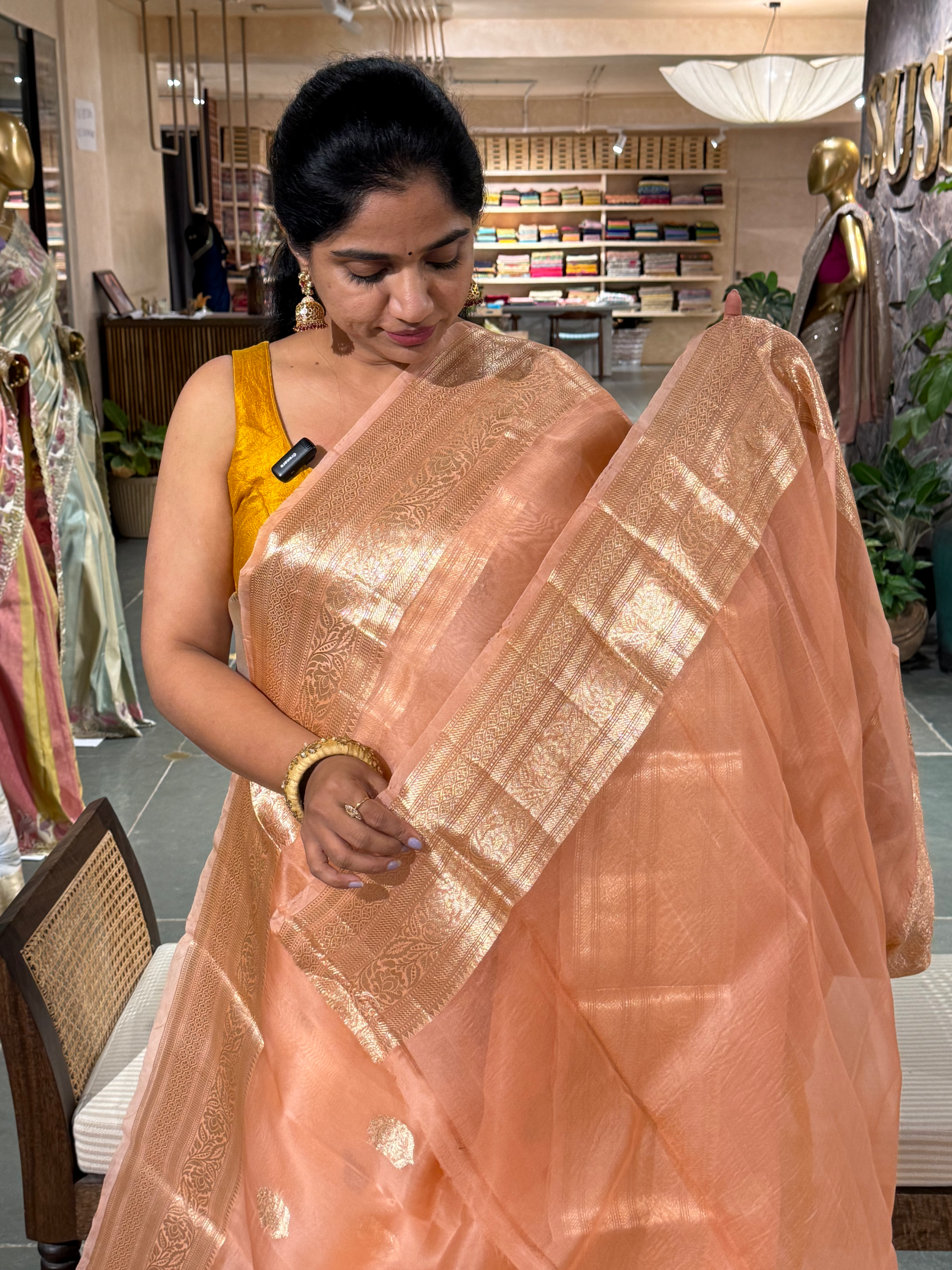 Peach Pure Handloom Kora Banarasi Saree