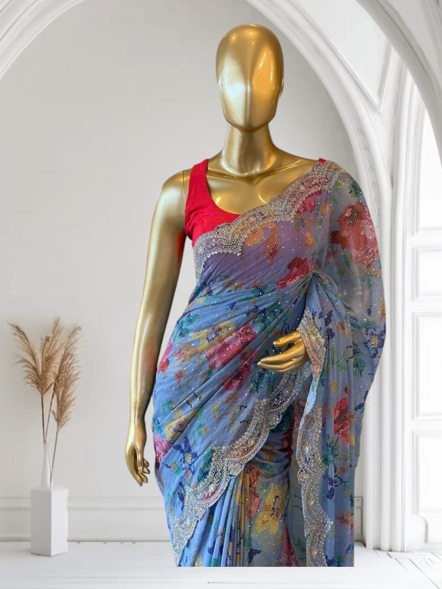 Blue Gorgette printed Saree  with handwork borders