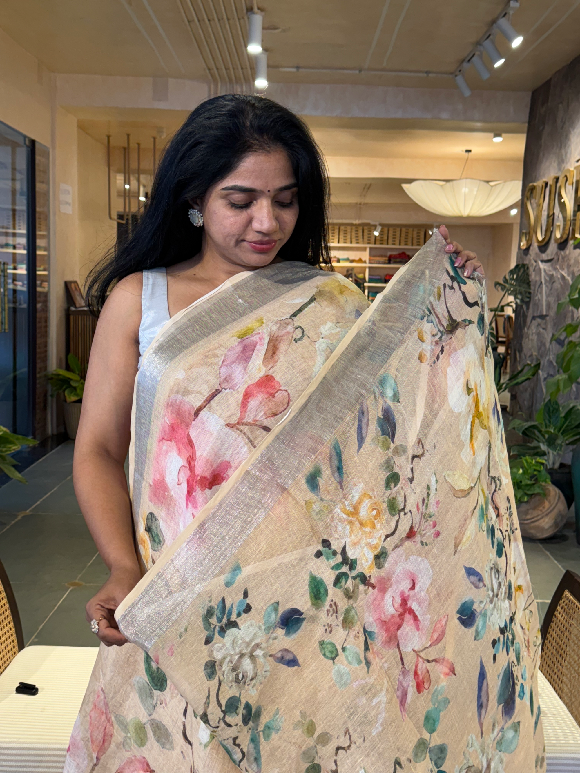 Light Peach Pure Handloom Lenin Printed Sarees With Silver Zari Border