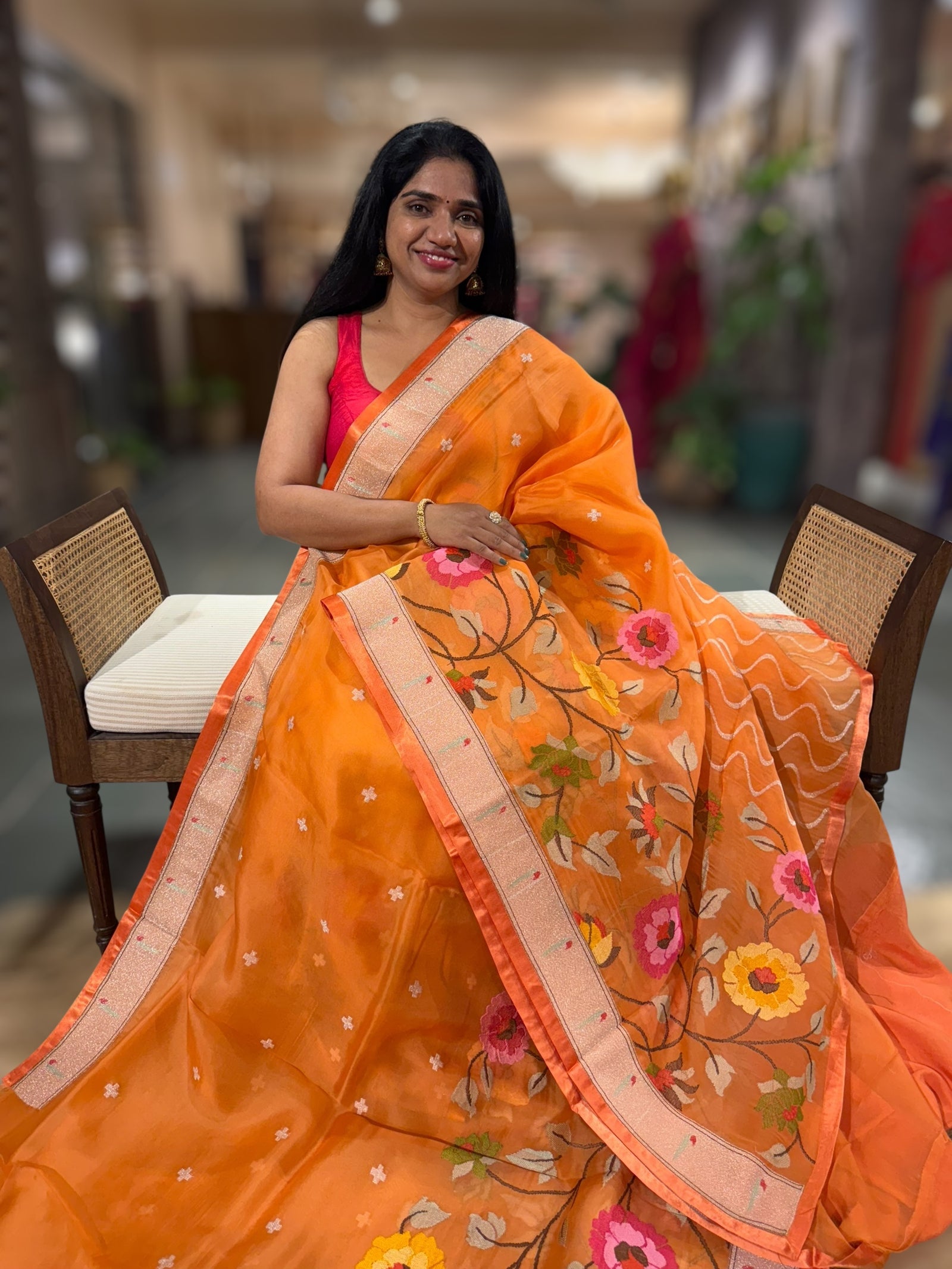 Orange Organza Silk Saree With Jamdani Inspired Embroidery