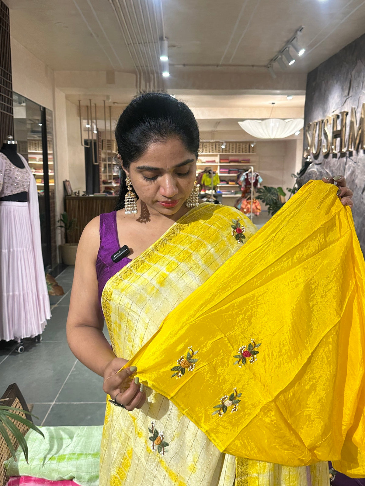 Yellow Chinnon Cheks Shibori dyed Saree with hanwork motifs