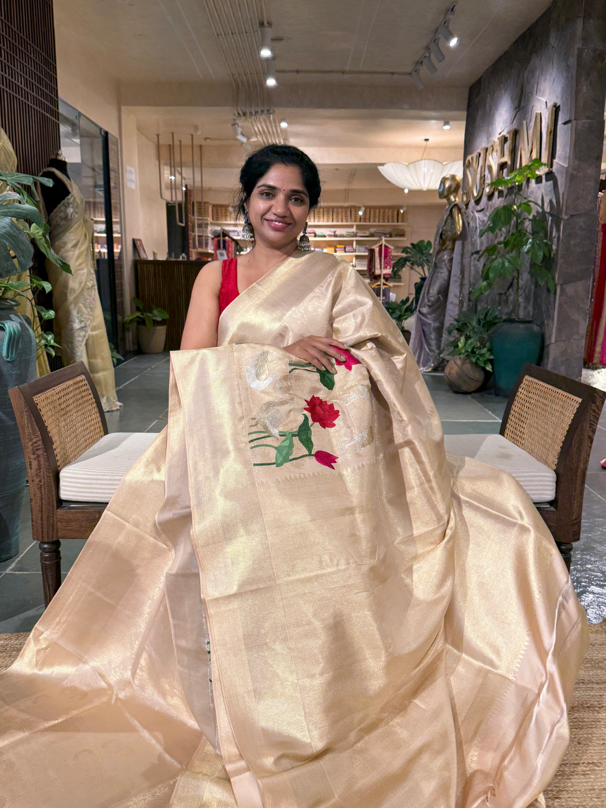 Ivory Kanjeevaram Brocade Silk Saree With Floral Embroidery Skirt Border
