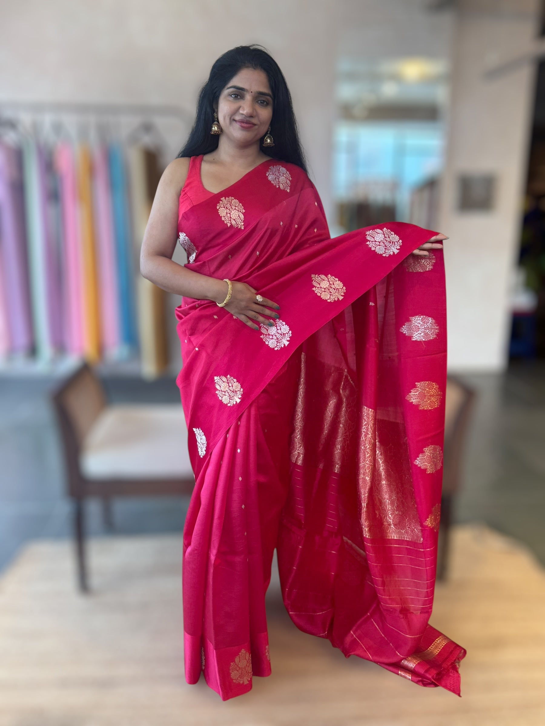 Ruby Pink Banarasi Raw Mango Silk Saree with Open Borders & Kaduwa Woven Motifs