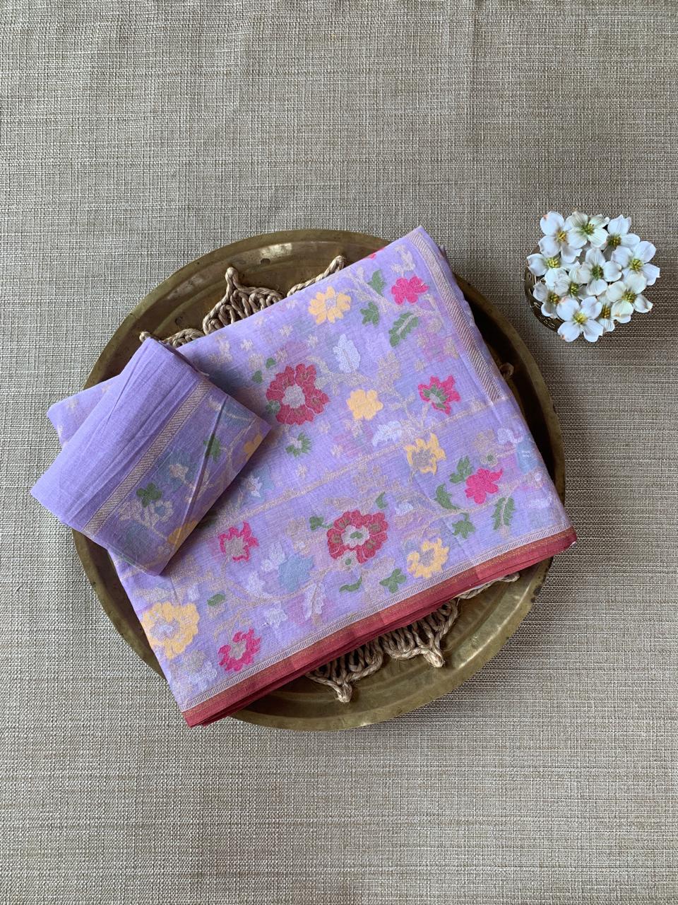 Lilac Banarasi Handloom Cotton Cut Jamdani Saree With Allover Meenakari