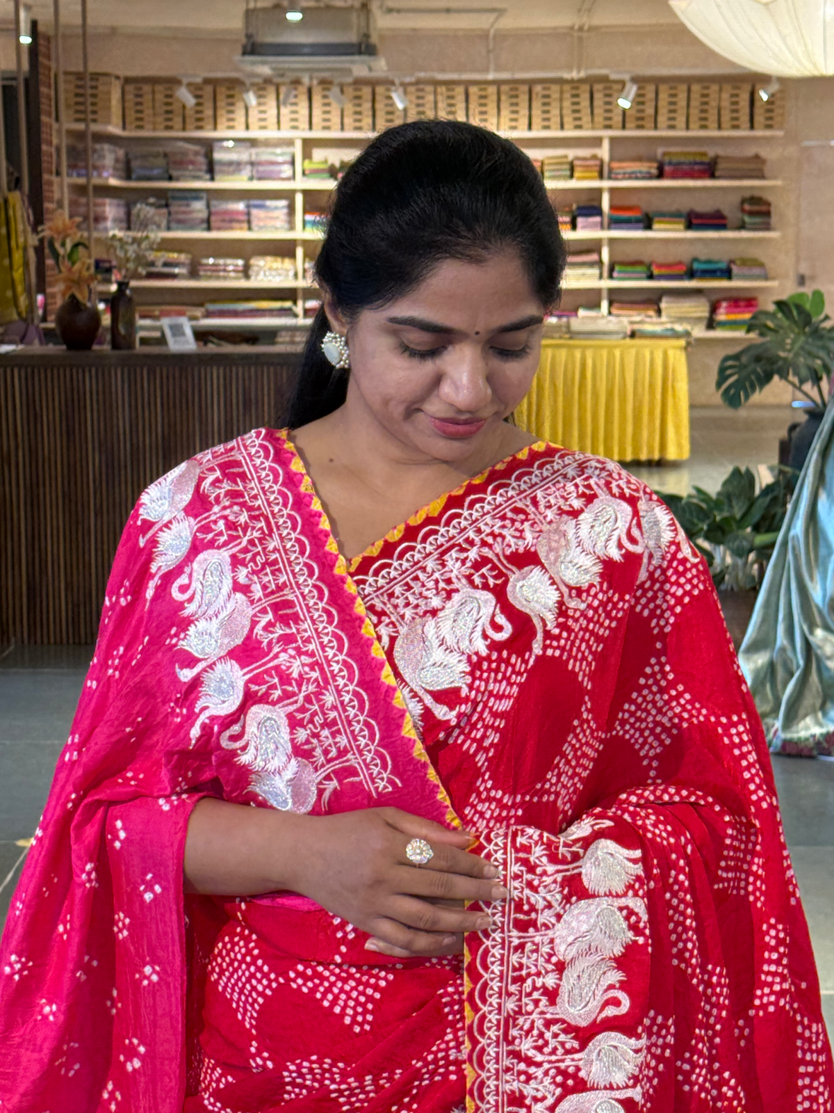 Pure Gajji Silk Rai Bandhej Saree in half and half style with Swan embroidery