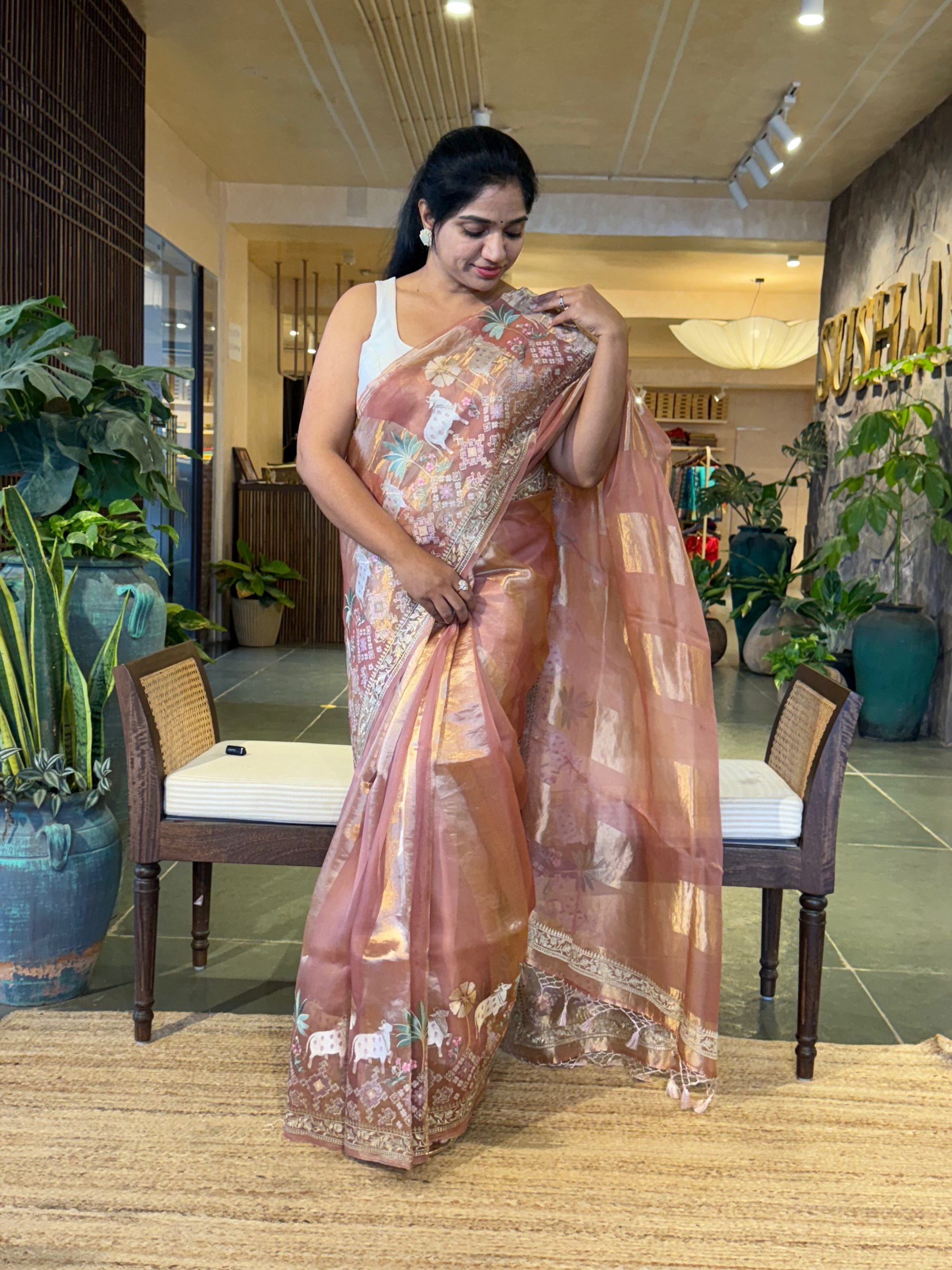 Onion Pink Kora Tissue Stripes with Pichwai & Jamdani Inspired Embroidery