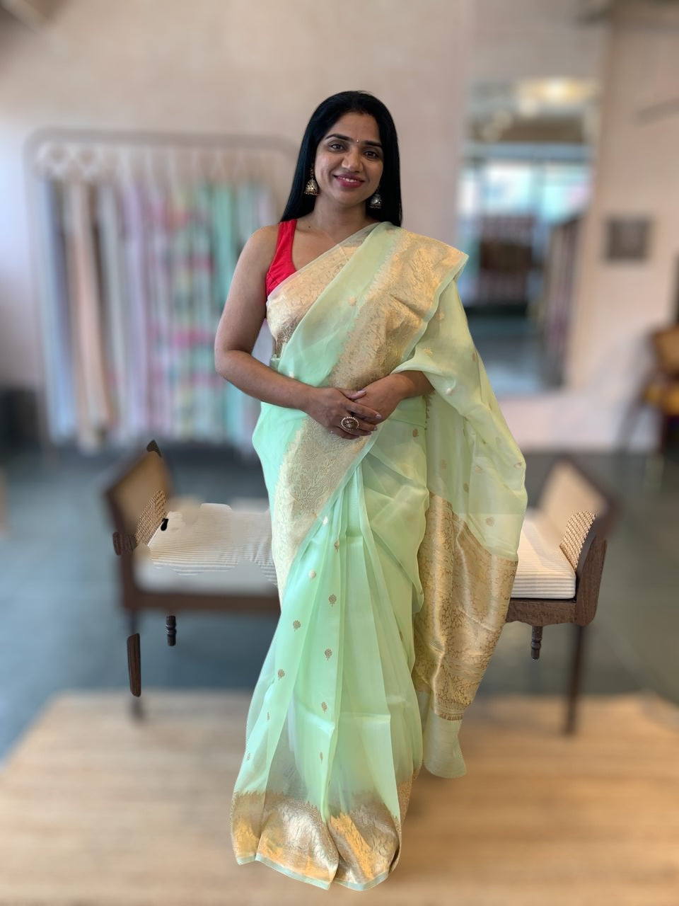 Light Apple Green Kora Banarasi Handloom Saree With Kaduwa Woven Motifs
