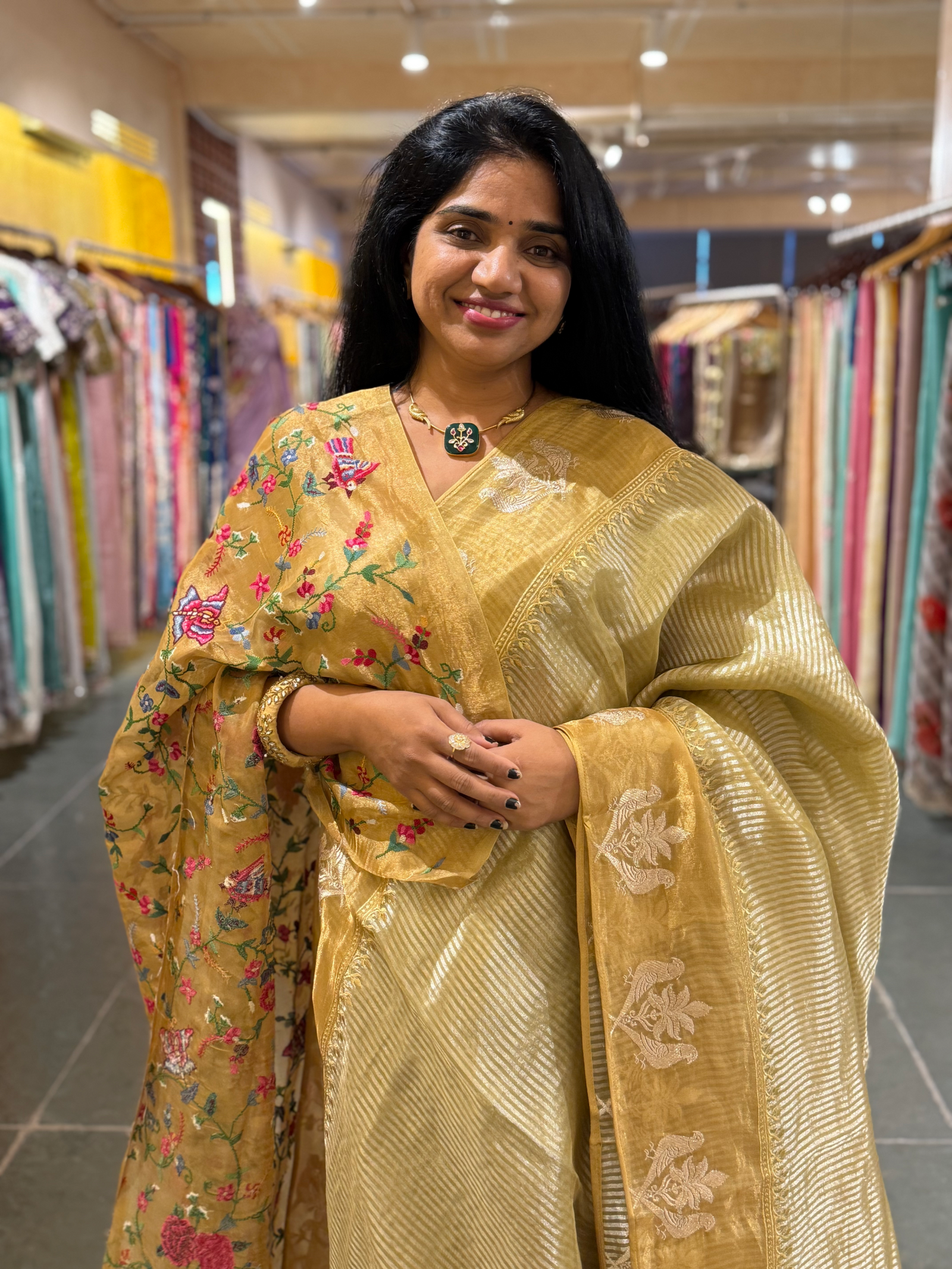 Lime Yellow Kora Tissue stripes saree wth tissue Embroidered Border