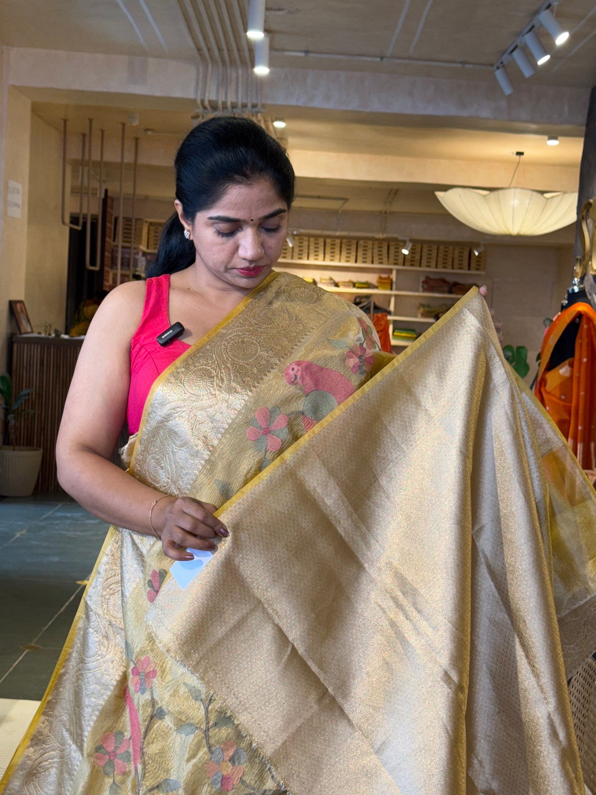 LightYellow Banarasi Crush Tissue Saree wth allover Pythani inspired embroidery