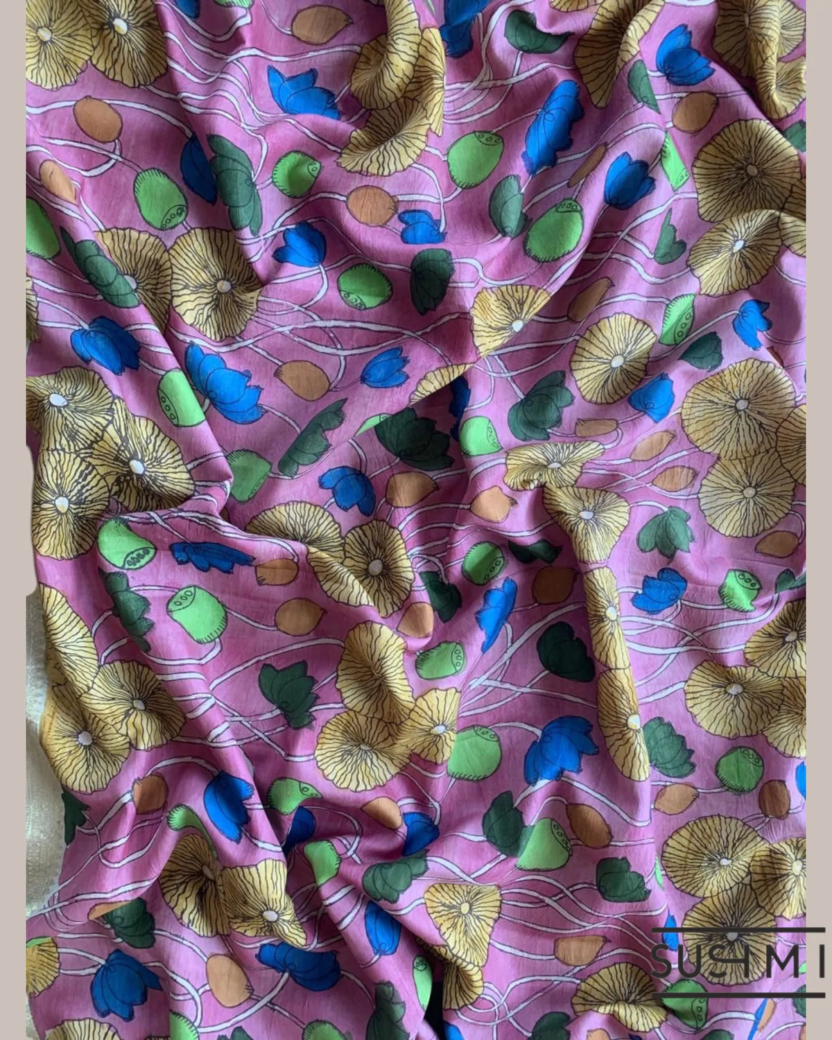 Pink Kanchi Pen kalamkari handpainted saree with heavy border