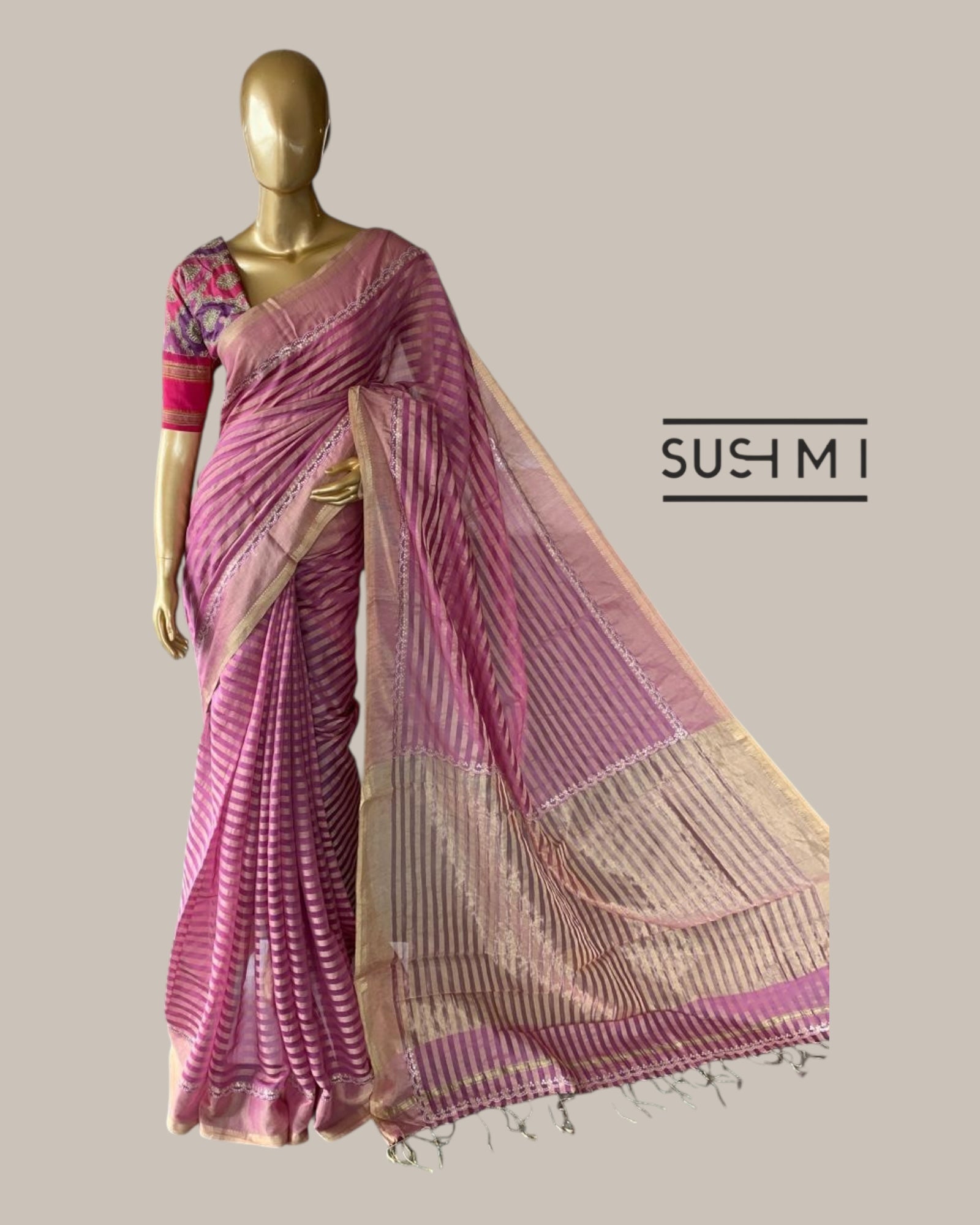 Chanderi Tissue Stripes Saree With Pitawork Scallop Borer