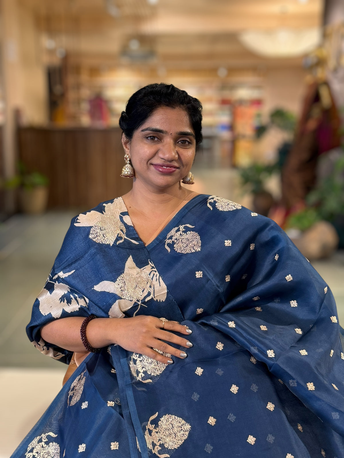 Midnight Blue Organza Saree With Embroidered Motifs &amp; Tussar Printed Blouse