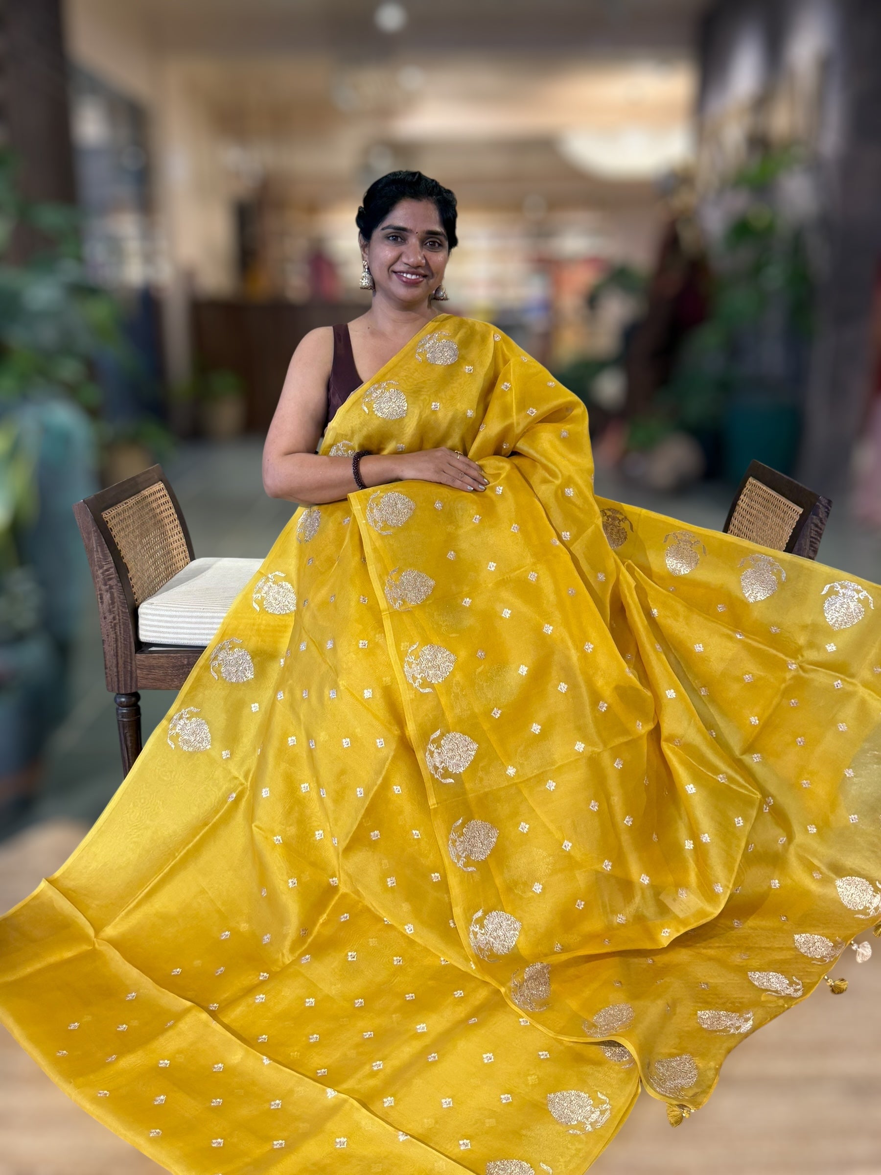 Mango Yellow Organza Saree With Embroidered Motifs & Tussar Printed Blousen
