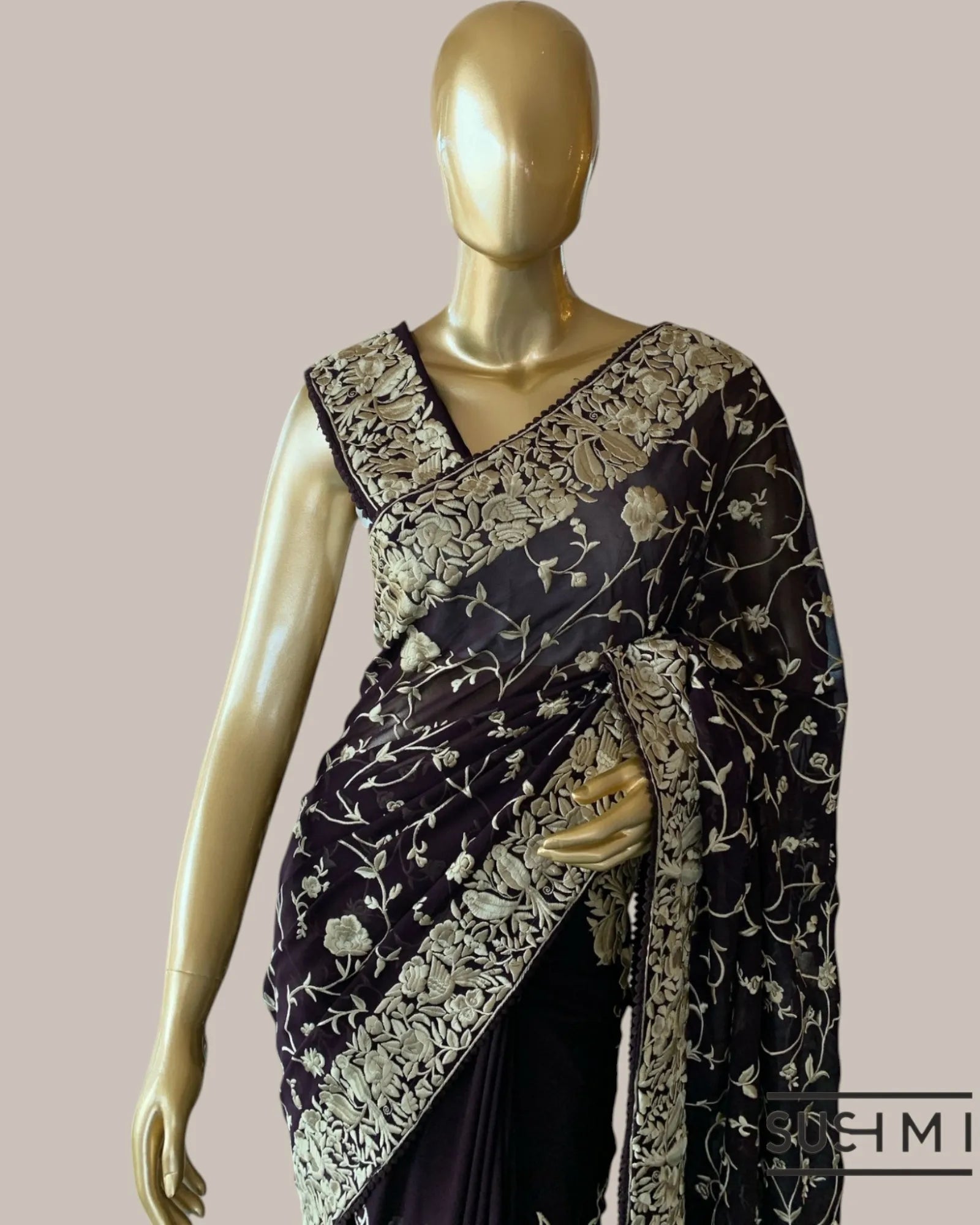 Coffee Brown Pure Gorgette Saree With Parsi Gara Style Allover Embroidery   Orig