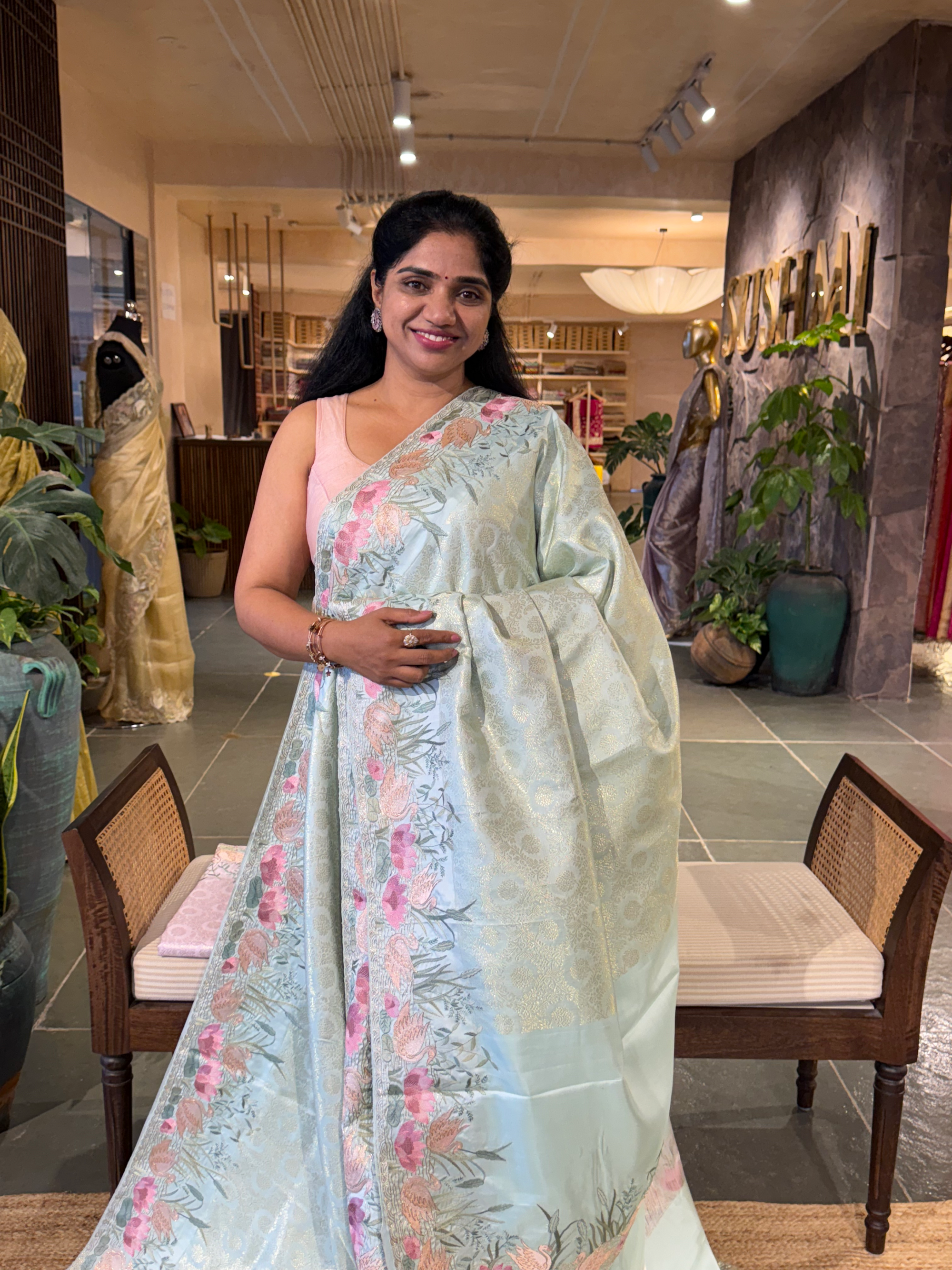 Mint Kanjeevaram Brocade Saree Beautiful Pond Theme Embroidered Border.