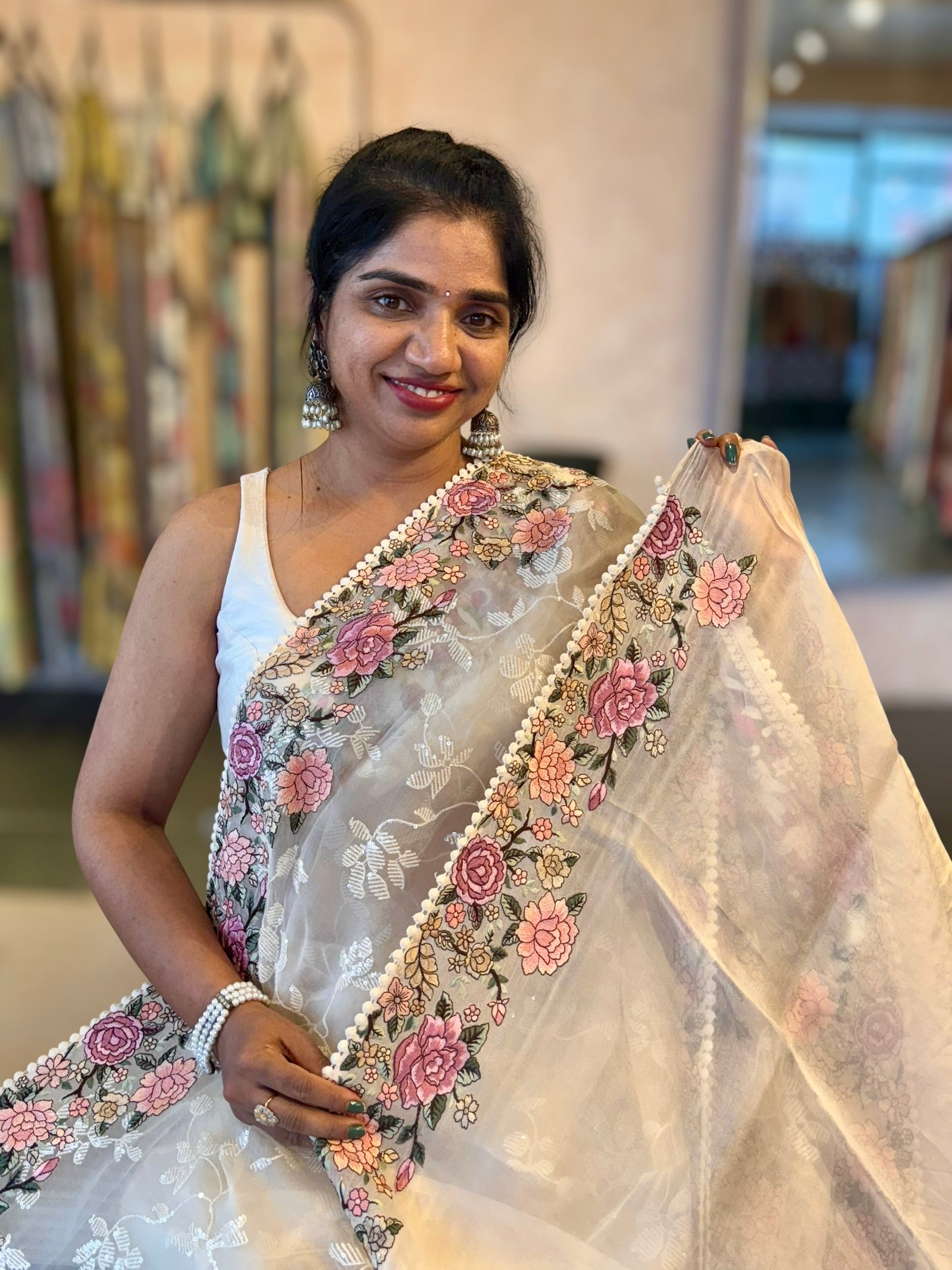 Ivory Organza Saree with Allover Floral Sequence Work & Parsi Embroidered Border