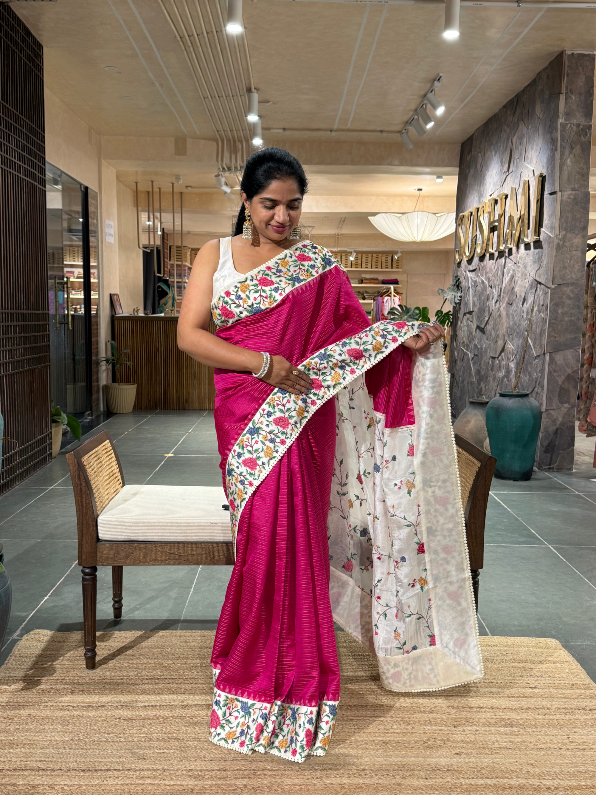 Dark Pink Soft Silk Saree with Petite Point Embroidery