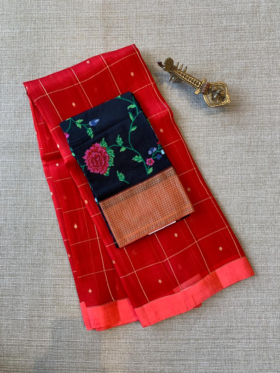 Red Handloom Banarasi Kora Checks Saree with allover Kaduwa Woven Zari Motifs .