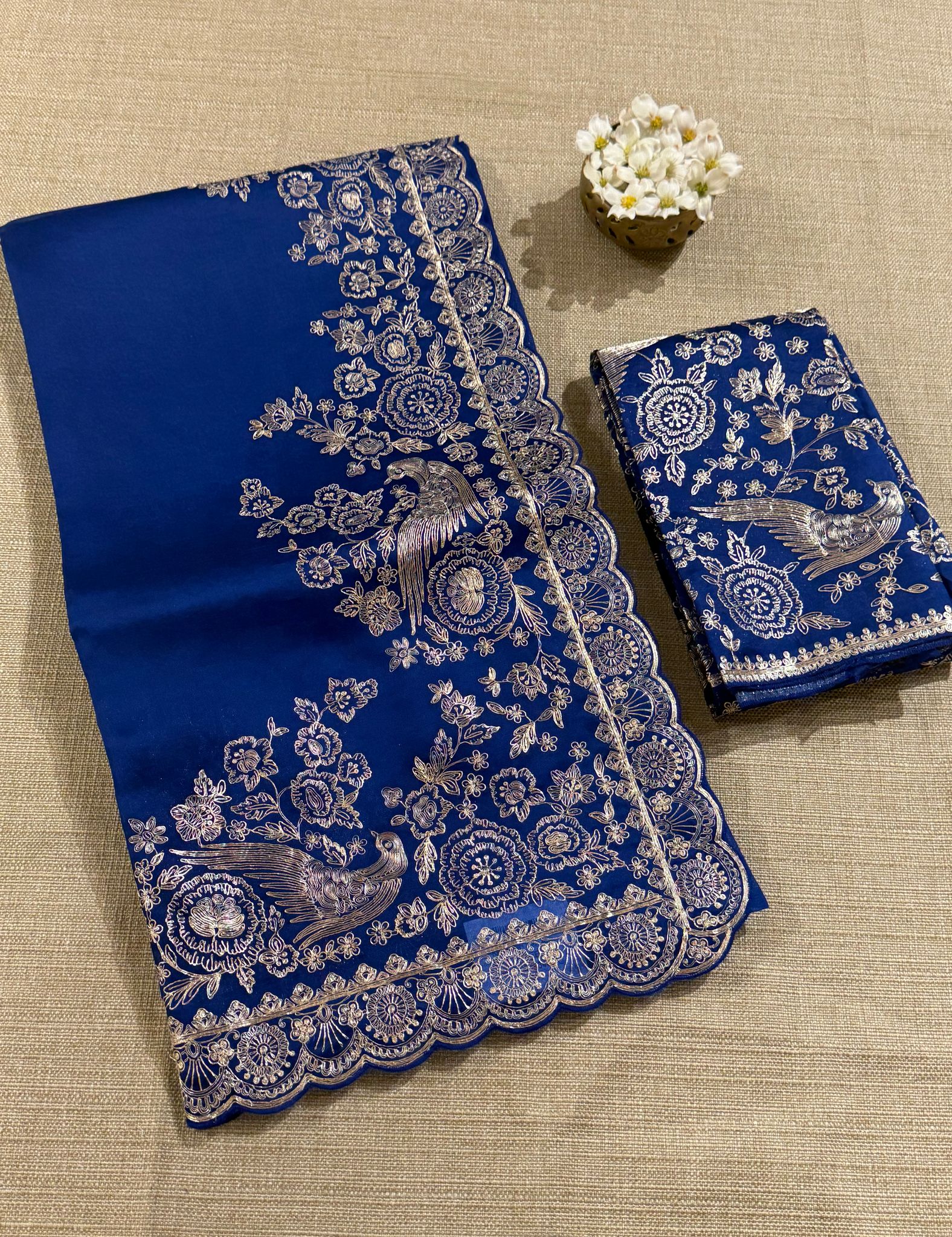 Royal blue Pure organza Saree with pita emb