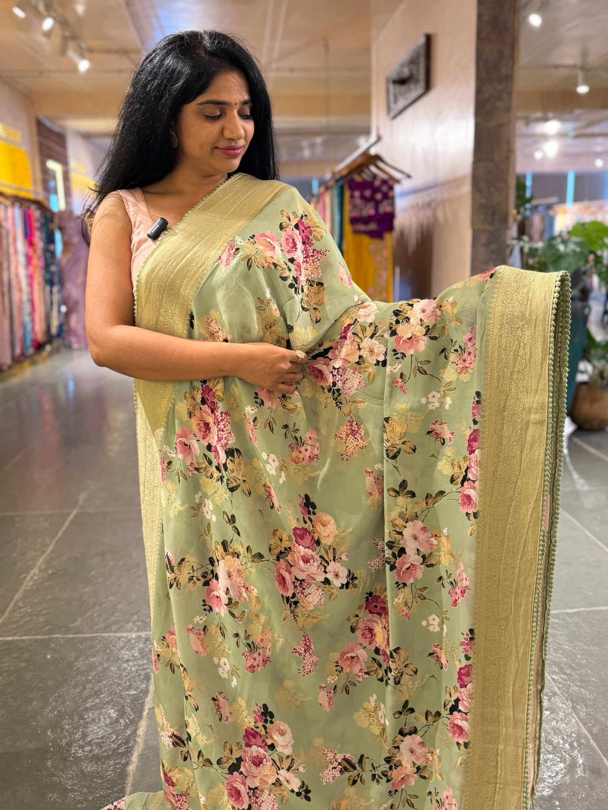 Pista Green Banarasi Khaddi Gorgette Sarees with Floral Print