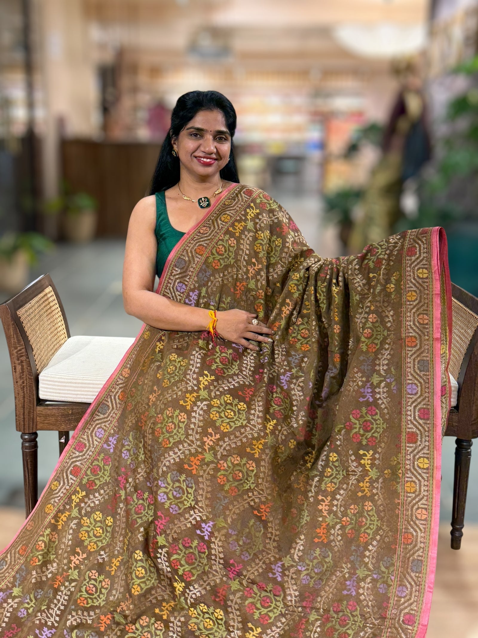 Olive Brown Banarasi Handloom Cotton Cut Jamdani Saree With Allover Meenakari